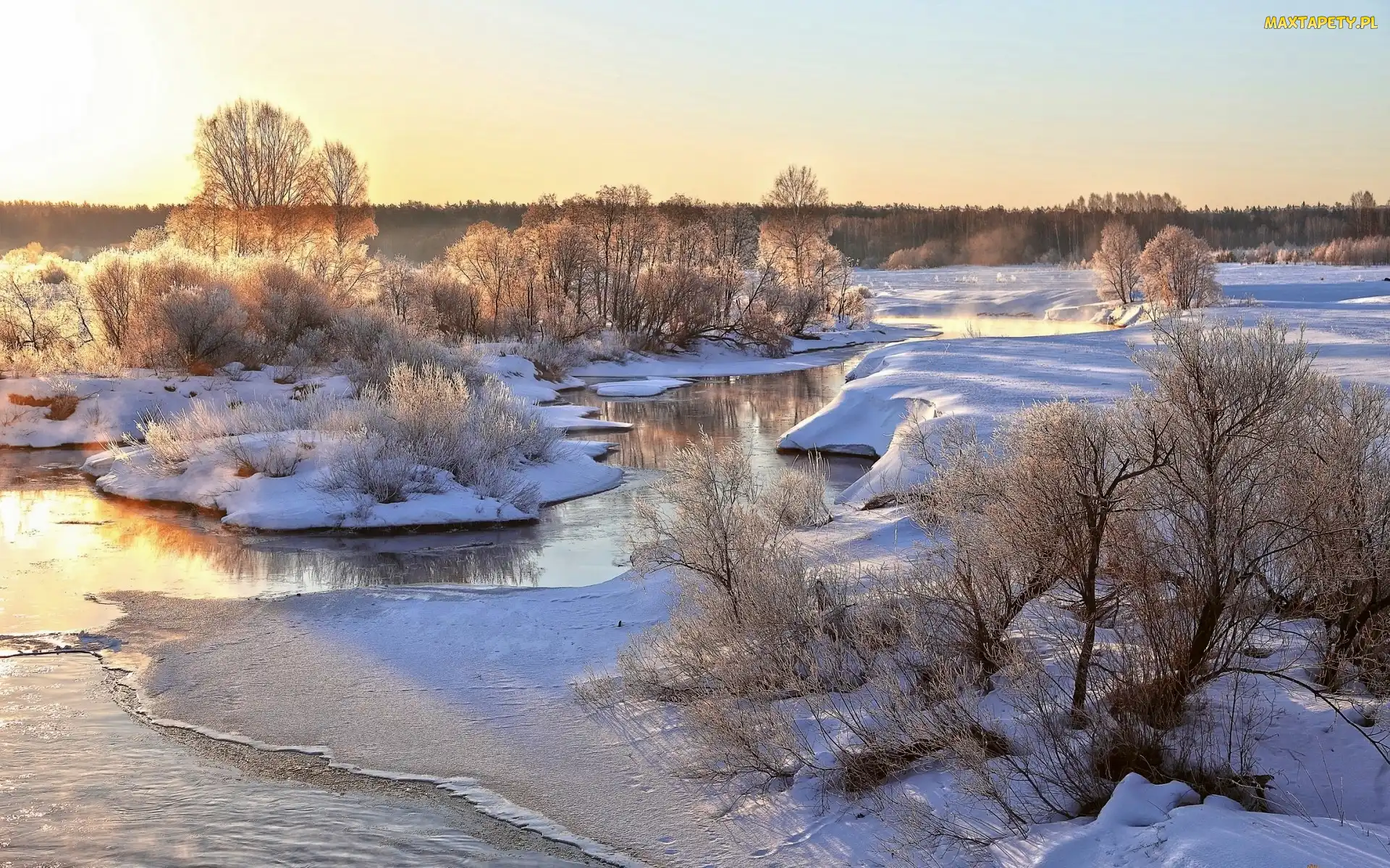 Śnieg, Drzewa, Rzeka