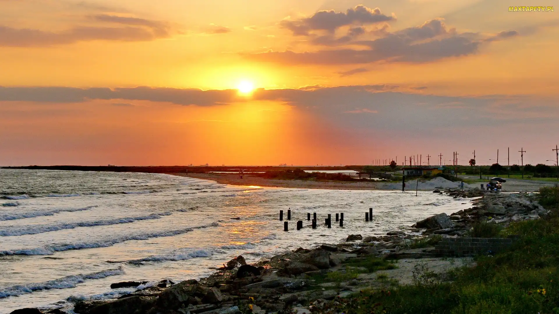 Plaża, Zachód słońca, Morze