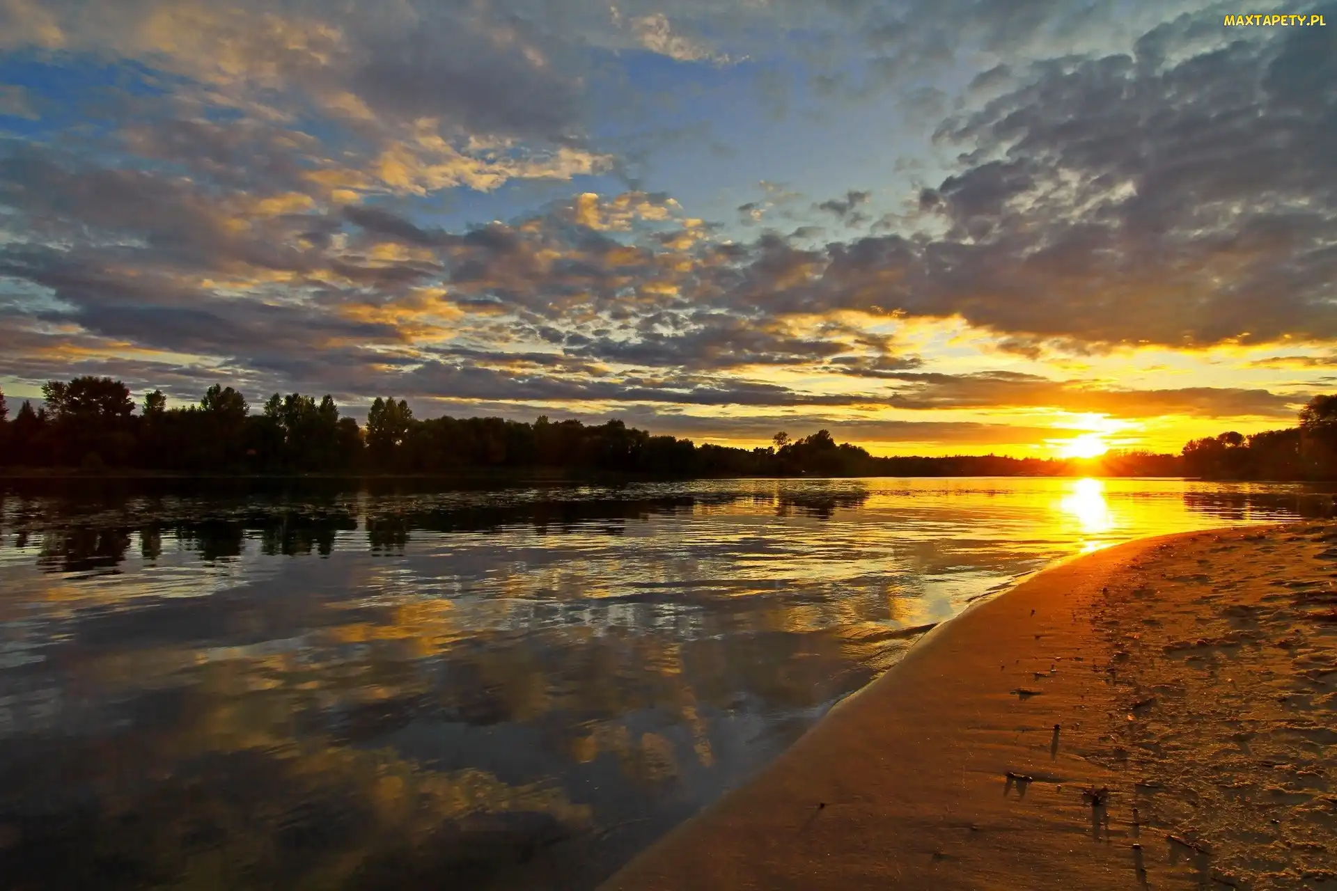 Plaża, Rzeka, Zachód, Słońca