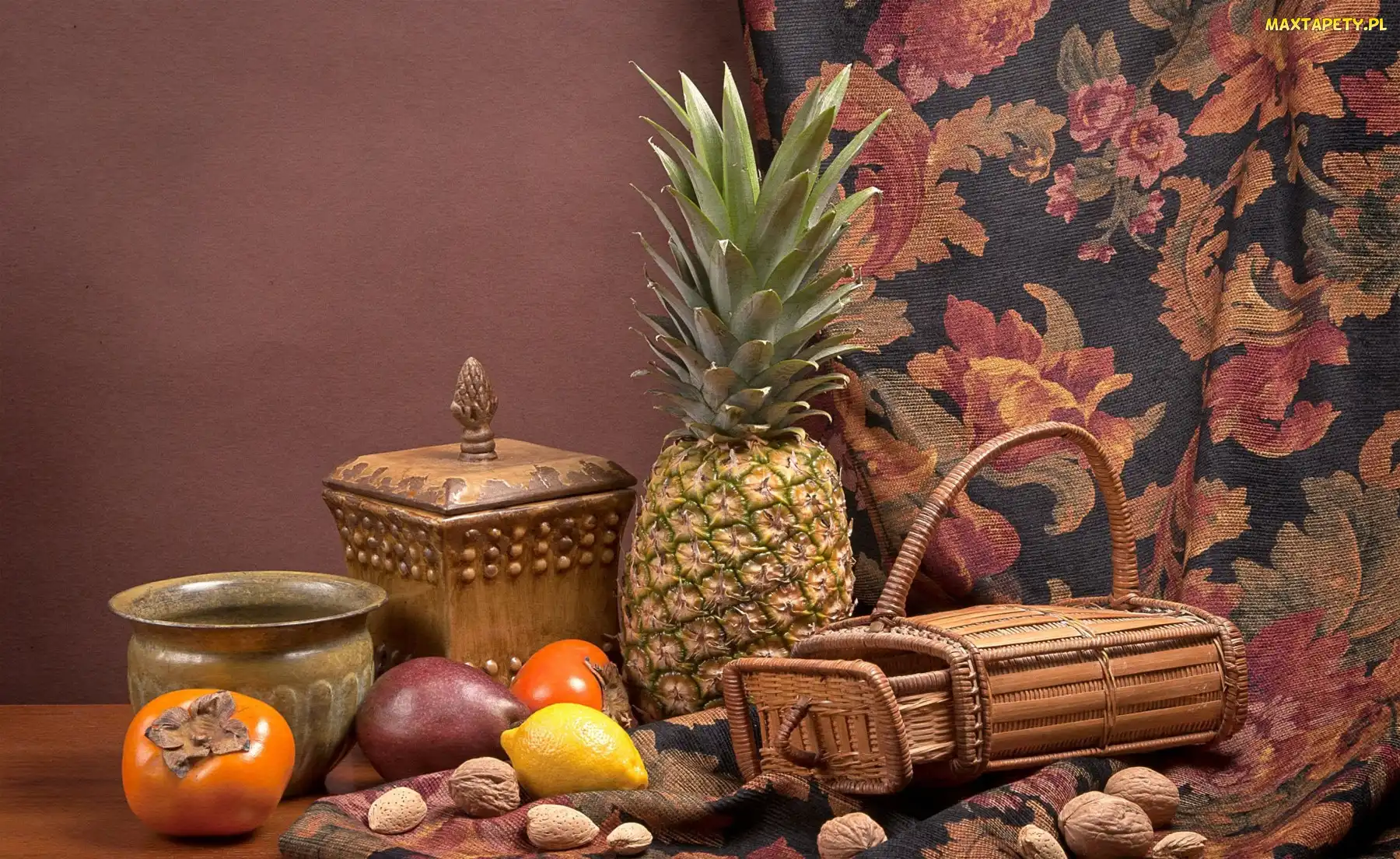 Naczynia, Koszyk, Ananas, Kompozycja, Cytryna, Orzechy