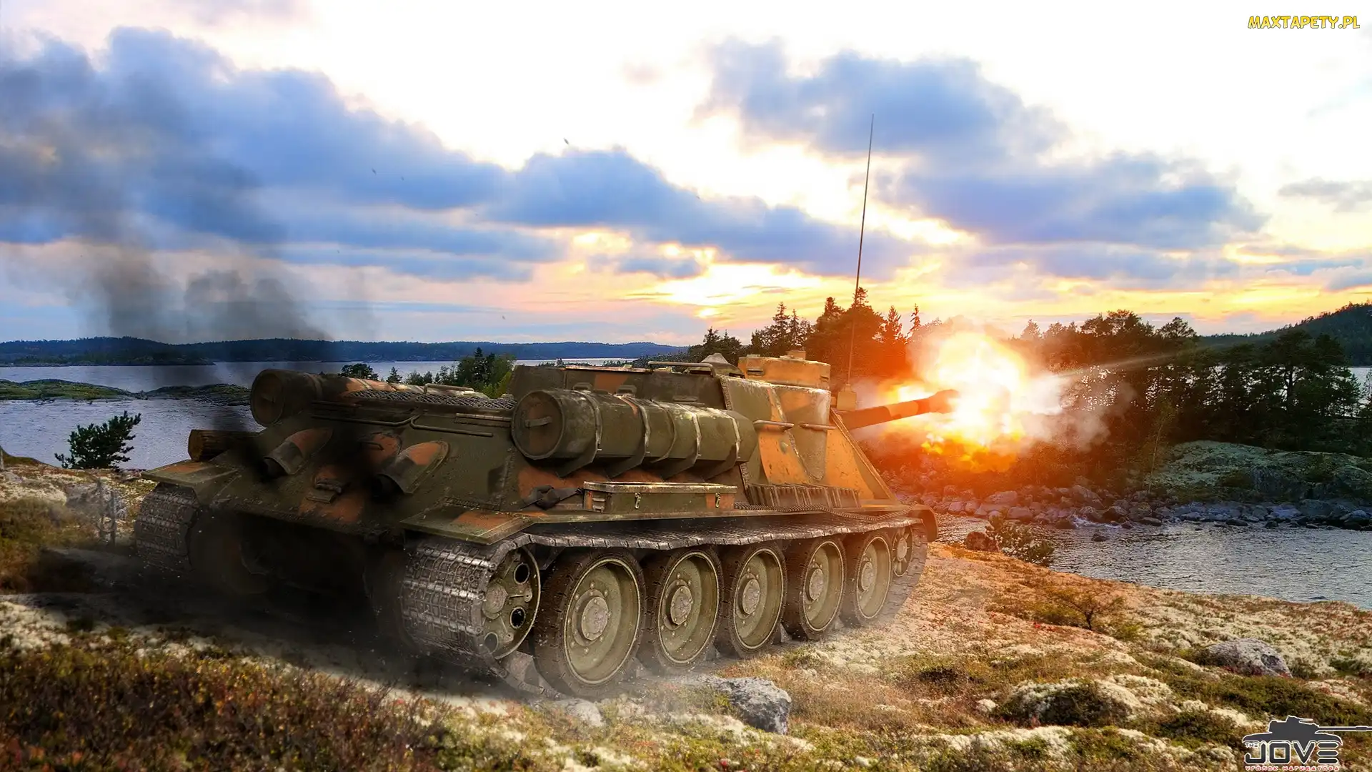 Jezioro, Drzewa, Czołgów, Niszczyciel, SU-100, Ogień