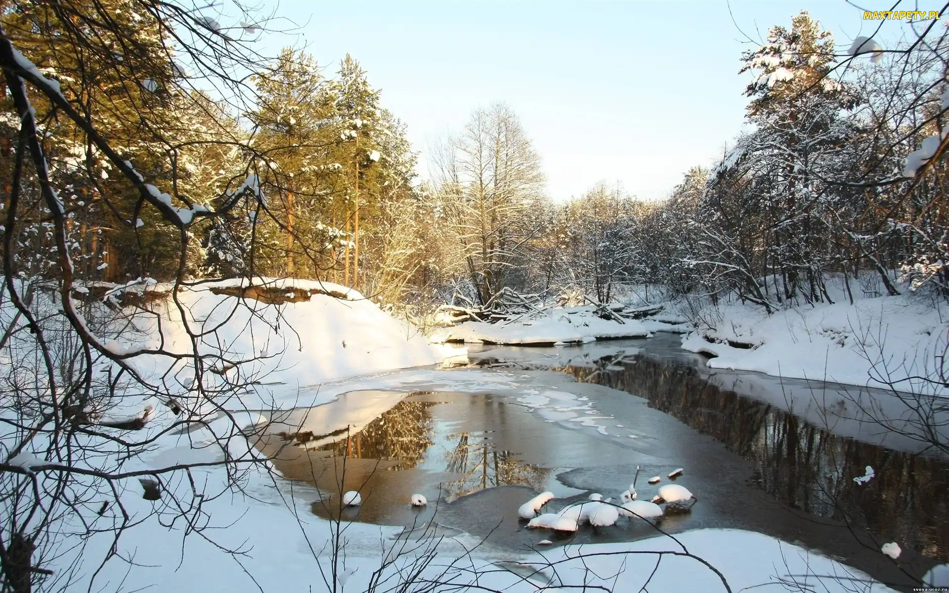 Rzeka, Drzewa, Śnieg
