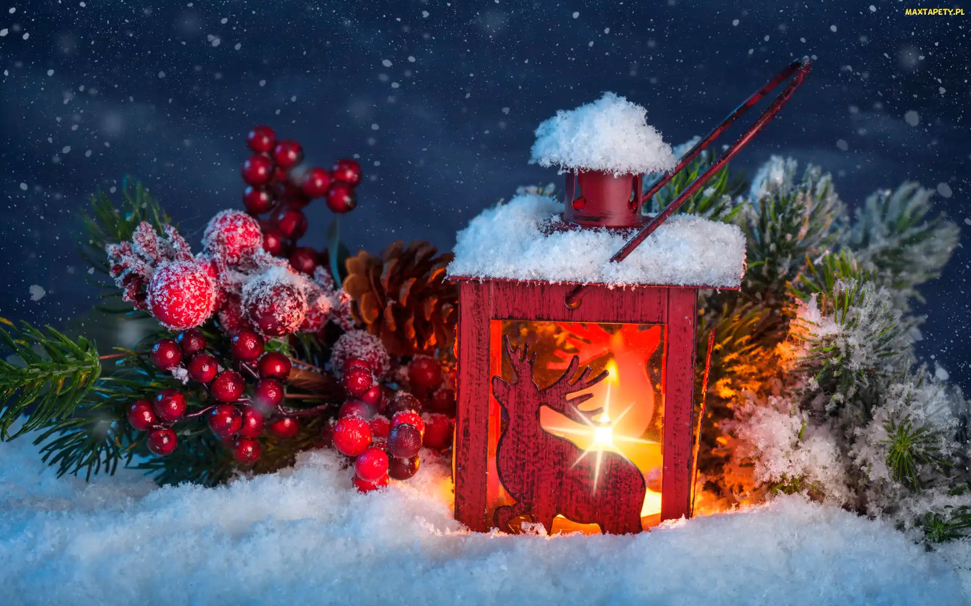 Kompozycja, Boże Narodzenie, Śnieg, Lampion, Gałązki, Ozdoby