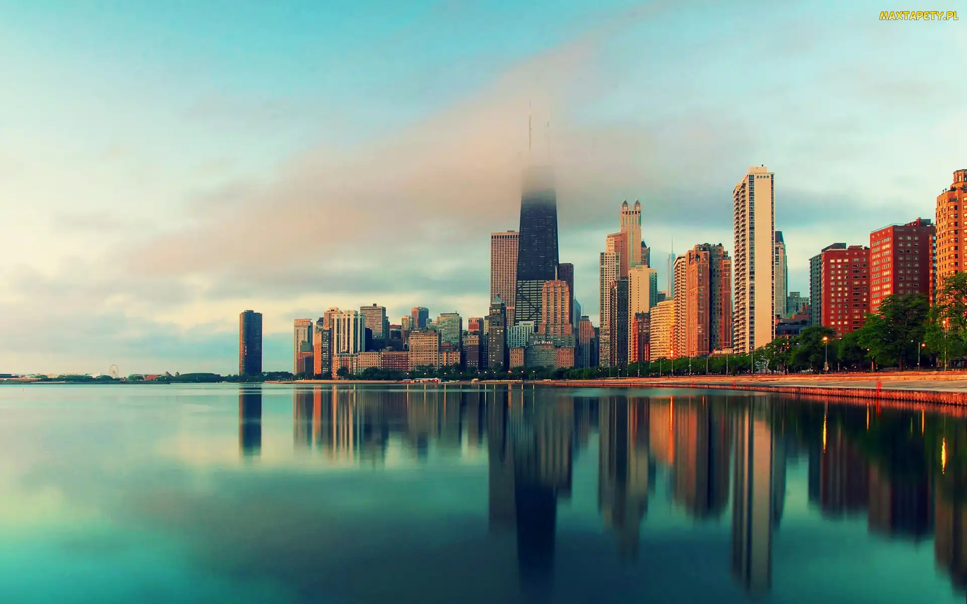 Miasta, Panorama, Jezioro, Budynki, Chmury, Chicago