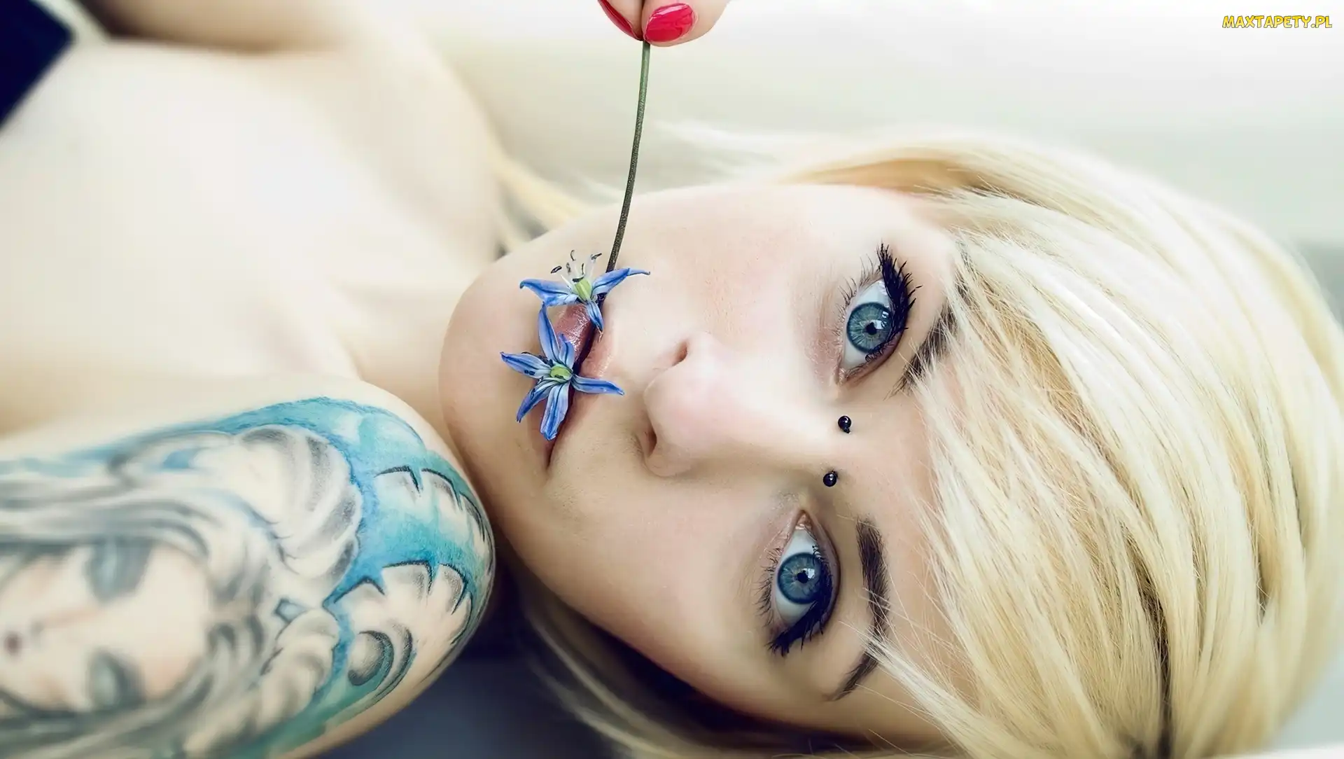 Piercing, Kolczyki, Blondynka, Kobieta, Kwiatek, Tatuaż