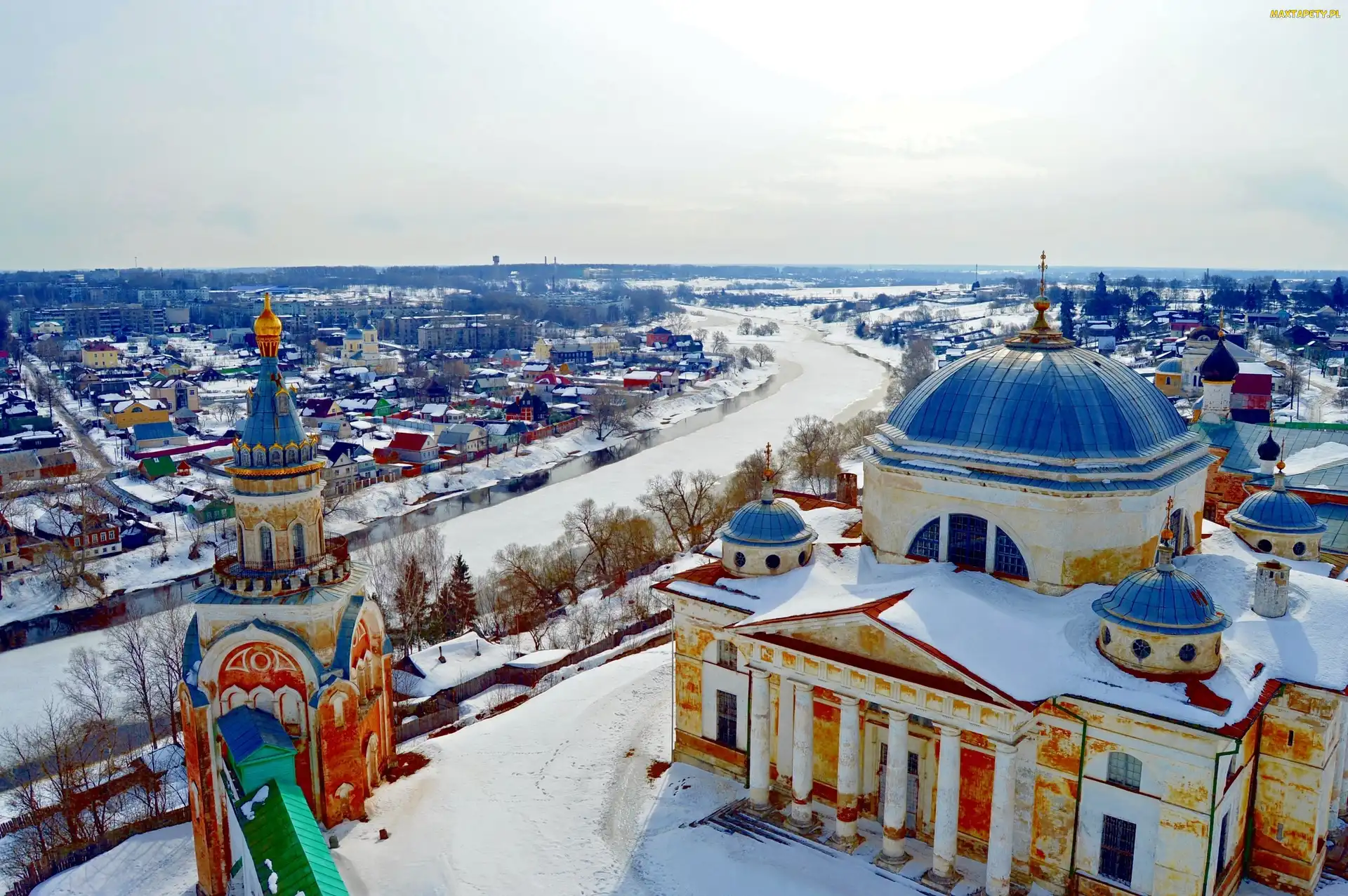 Rosja, Śnieg, Miasto, Rzeka