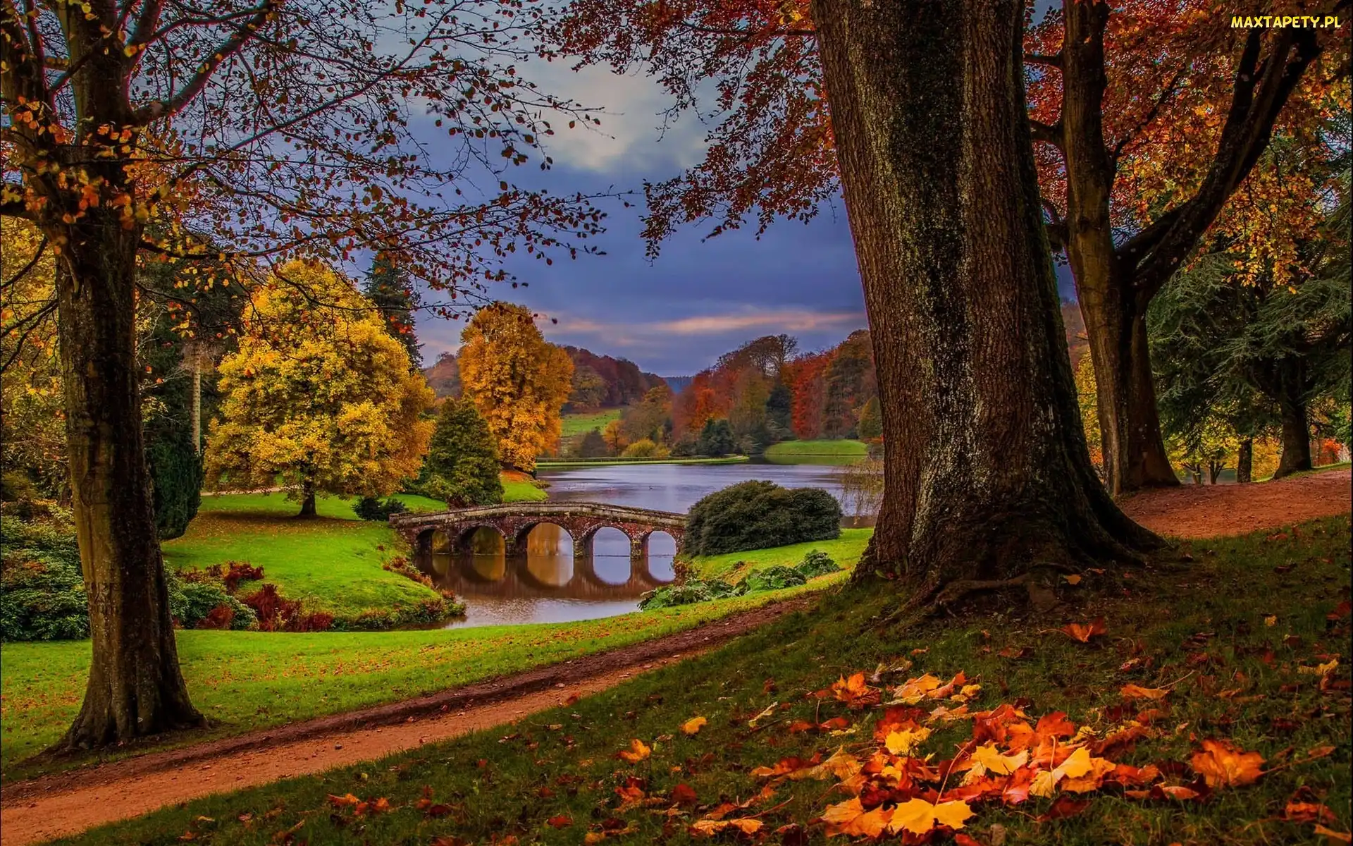 Jesień, Park, Rzeka, Most