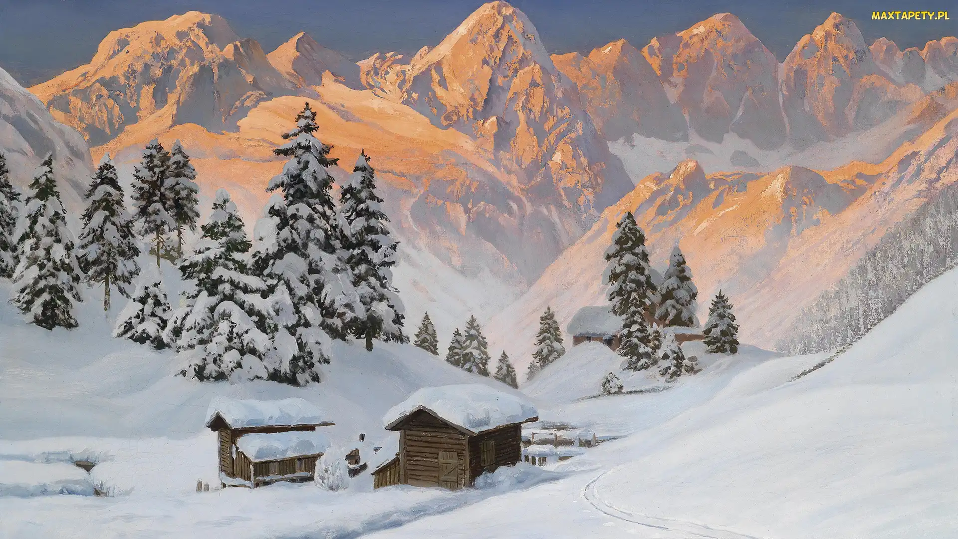 Góry, Alois Arnegger, Obraz, Drzewa, Zima