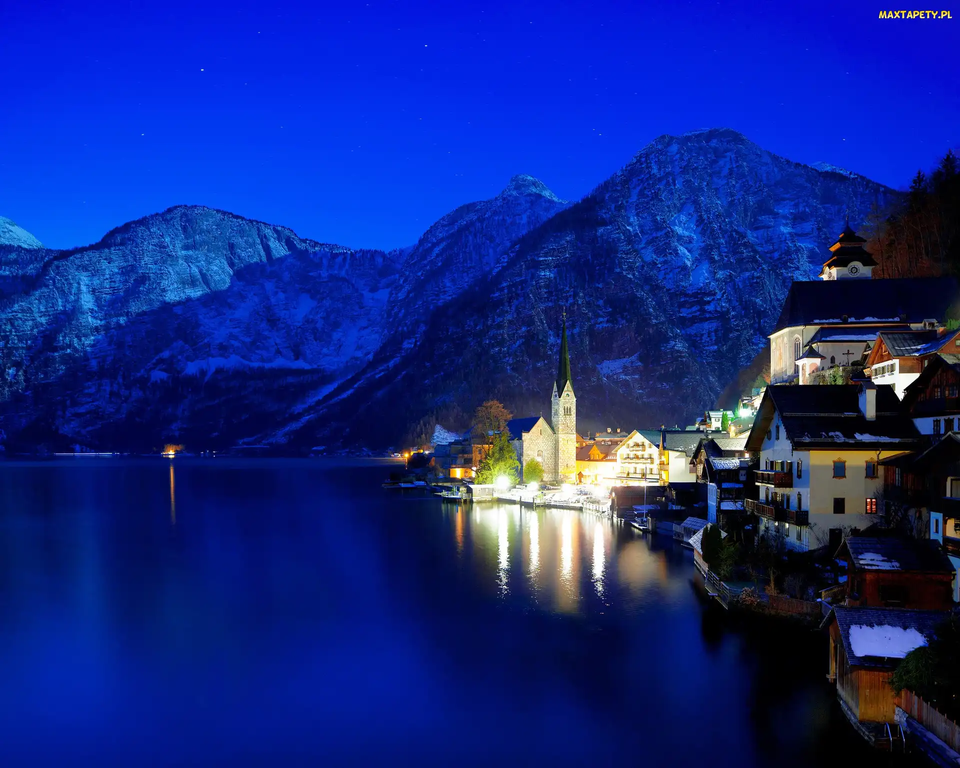 Zima, Światła, Hallstatt, Jezioro, Noc, Austria, Góry