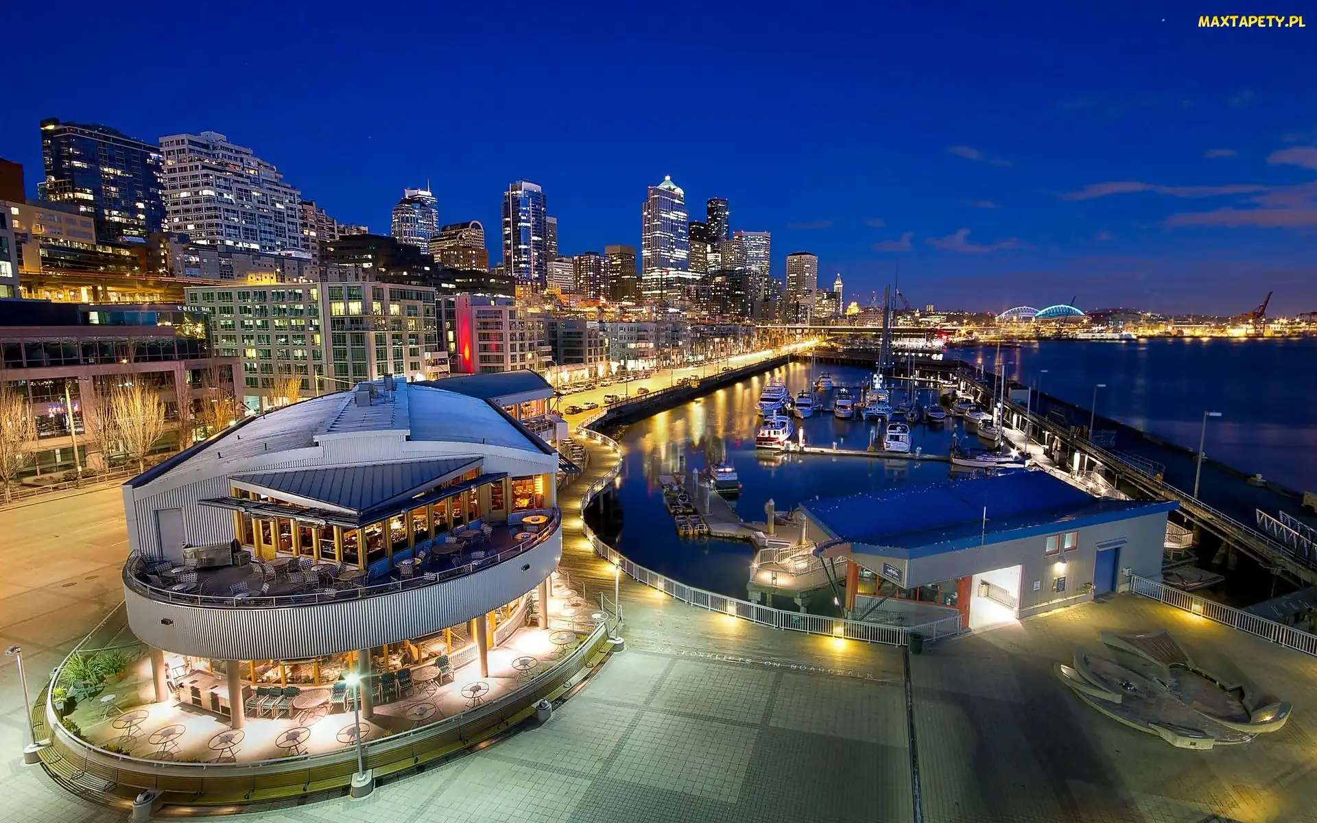 Restauracja, Nabrzeże, Nocą, Seattle, Marina, Jachty