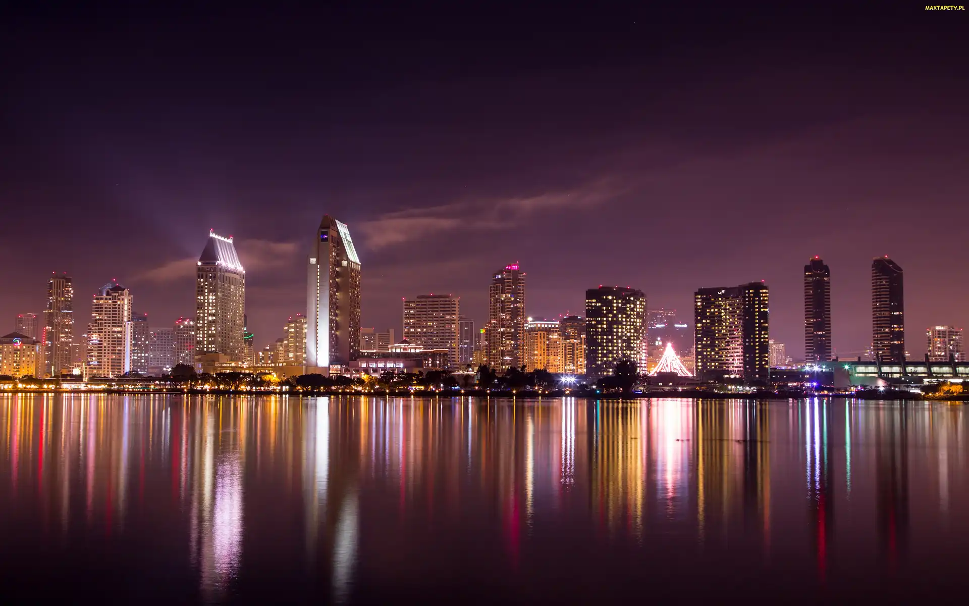 Miasto, Oświetlone, San Diego, Noc