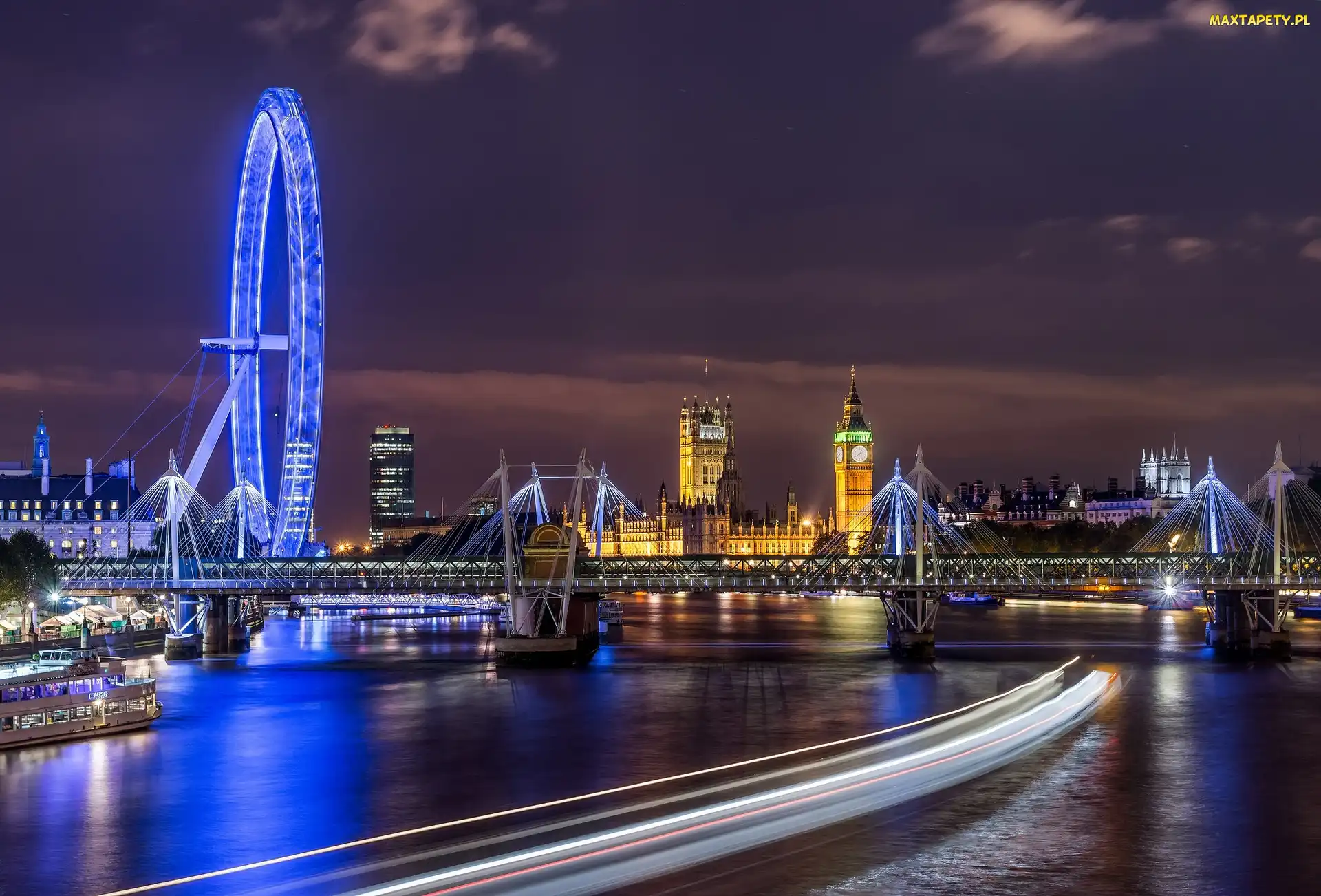 Noc, Londyn, London Eye, Pałac Westminster