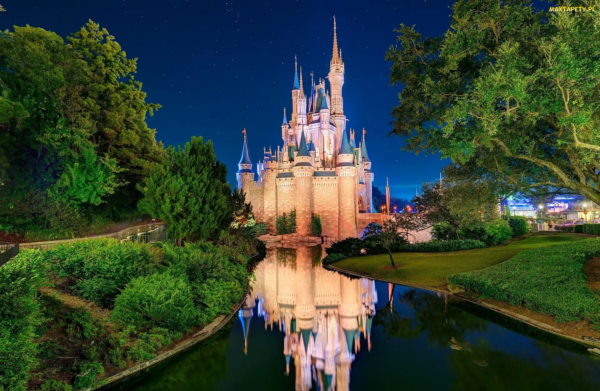 USA, Kalifornia, Rzeka, Zamek, Noc, Disneyland