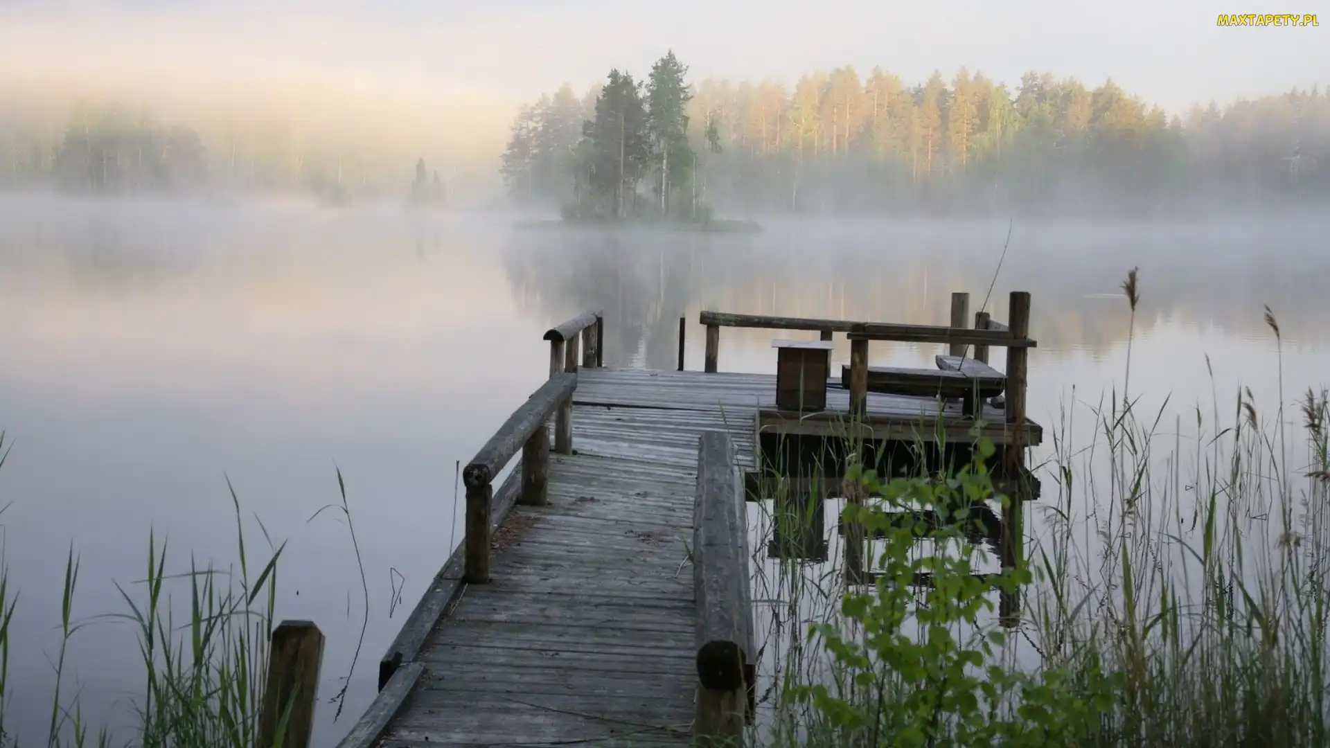 Mgła, Trawy, Molo, Drewniane, Jezioro