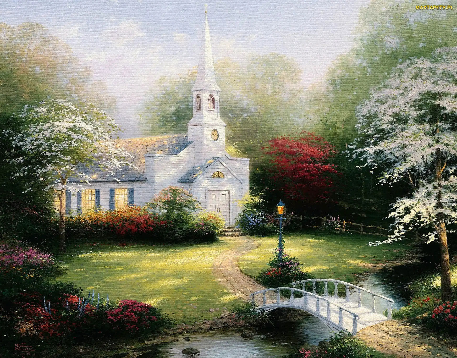 Drzewa, Mostek, Obraz, Thomas Kinkade, Rzeka, Malarstwo, Kościół