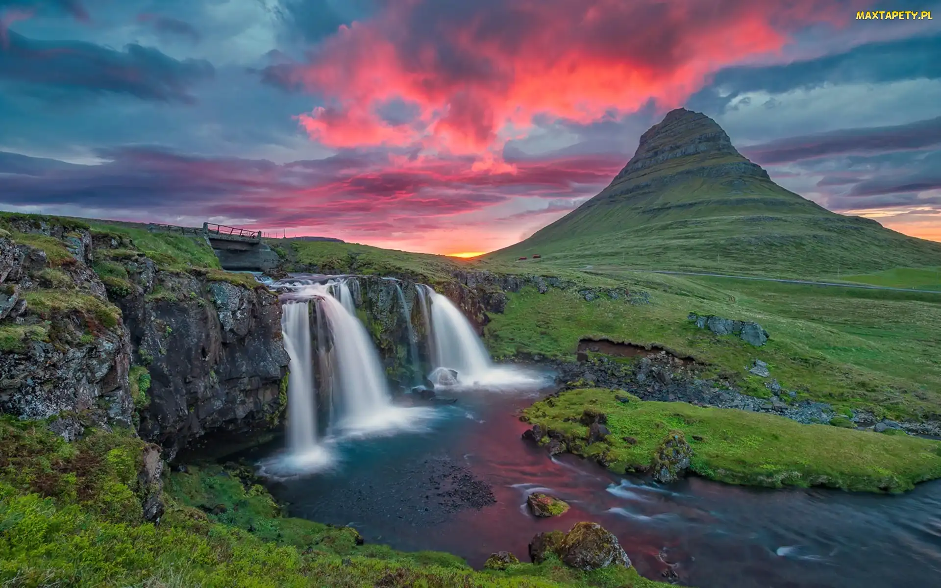 Islandia, Mostek, Rzeka, Wodospad, Góry, Zachód Słońca