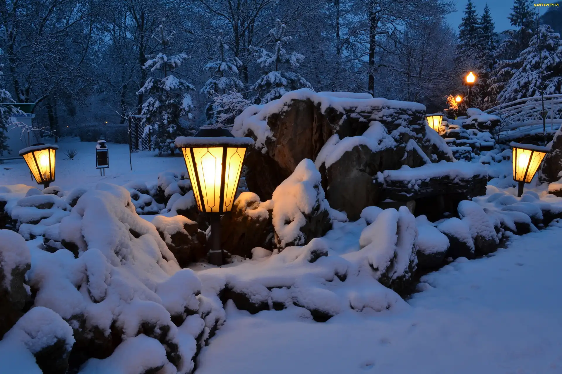 Zima, Mostek, Latarnie, Park, Kamień, Alejki