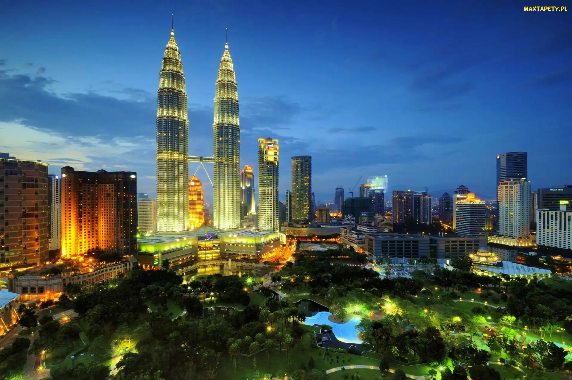 Park, Wieczór, Kuala Lumpur, Malezja, Petronas Towers, Oświetlenie