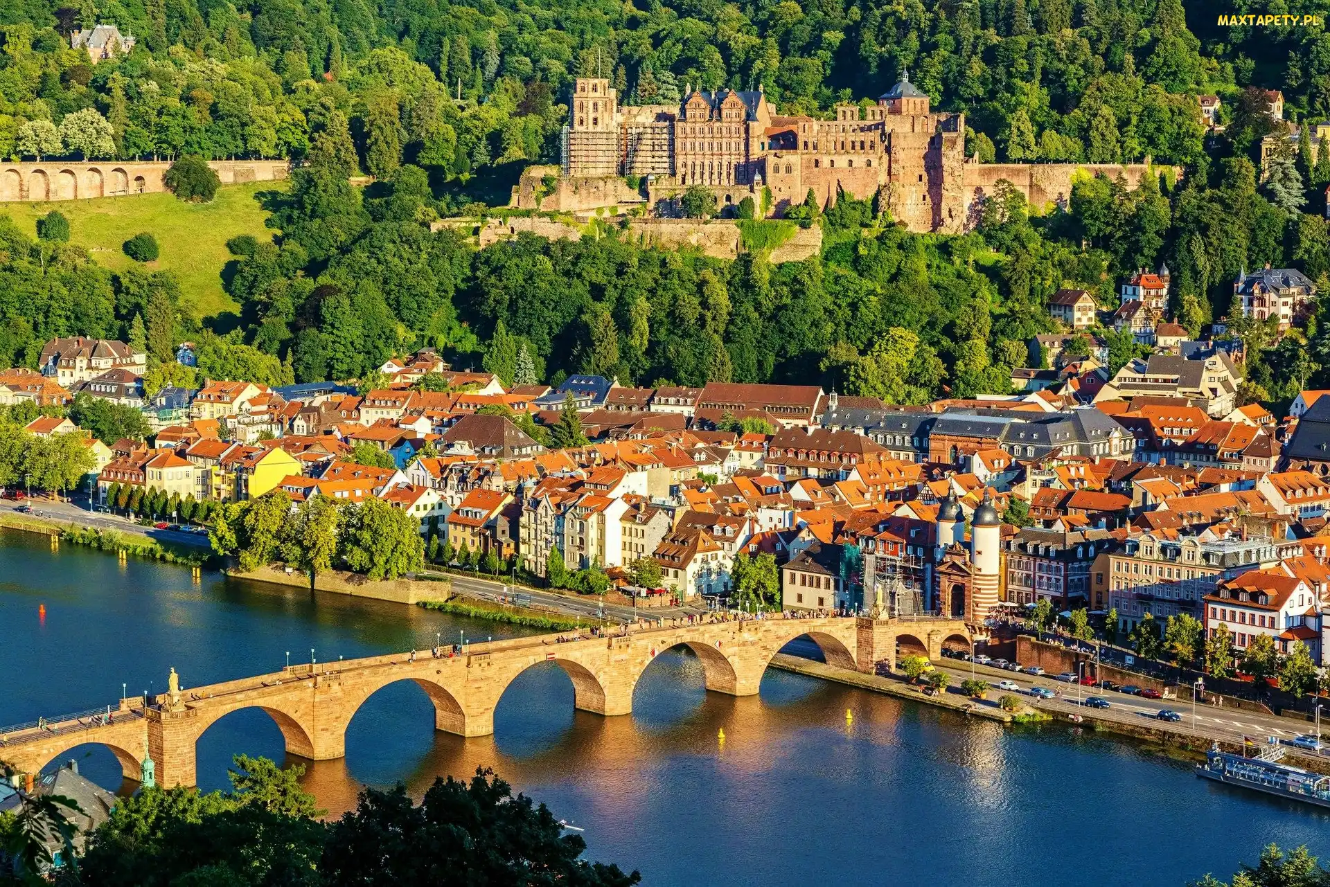 Rzeka Neckar, Most, Heidelberger Schloss, Zamek w Heidelbergu, Heidelberg, Niemcy