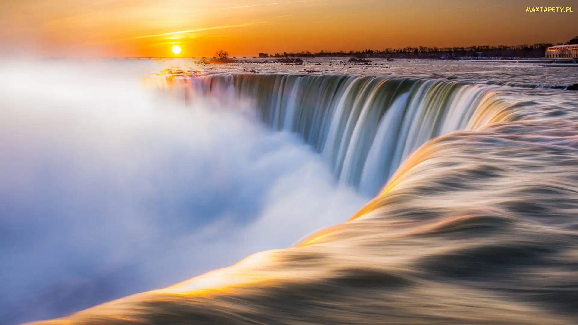 Niagara, Zachód Słońca, Rzeka, Mgła, Wodospad