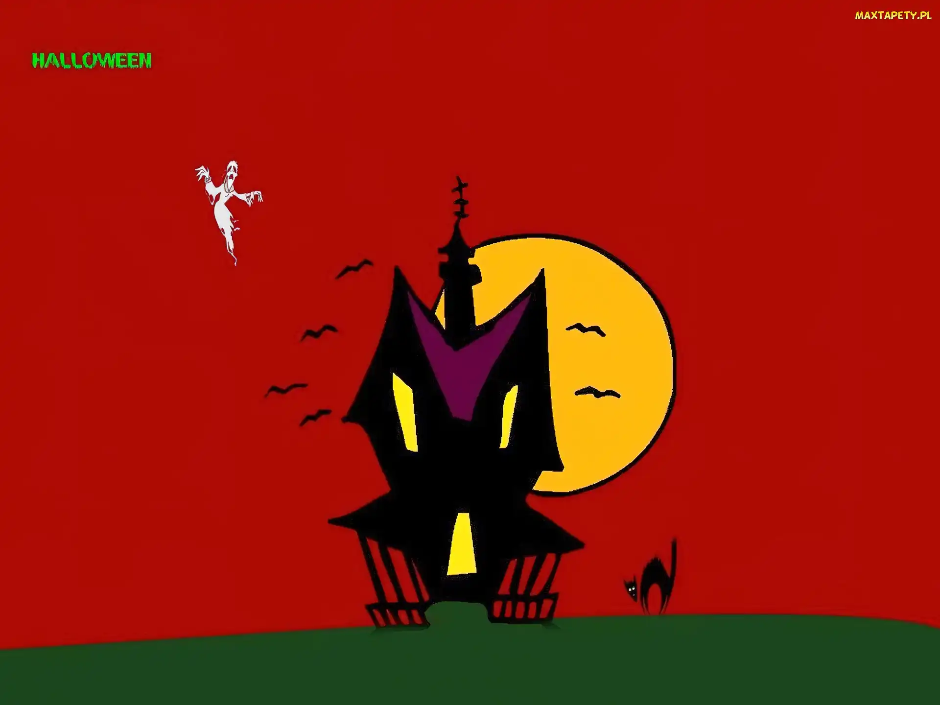 kot, księżyc , Halloween, domek