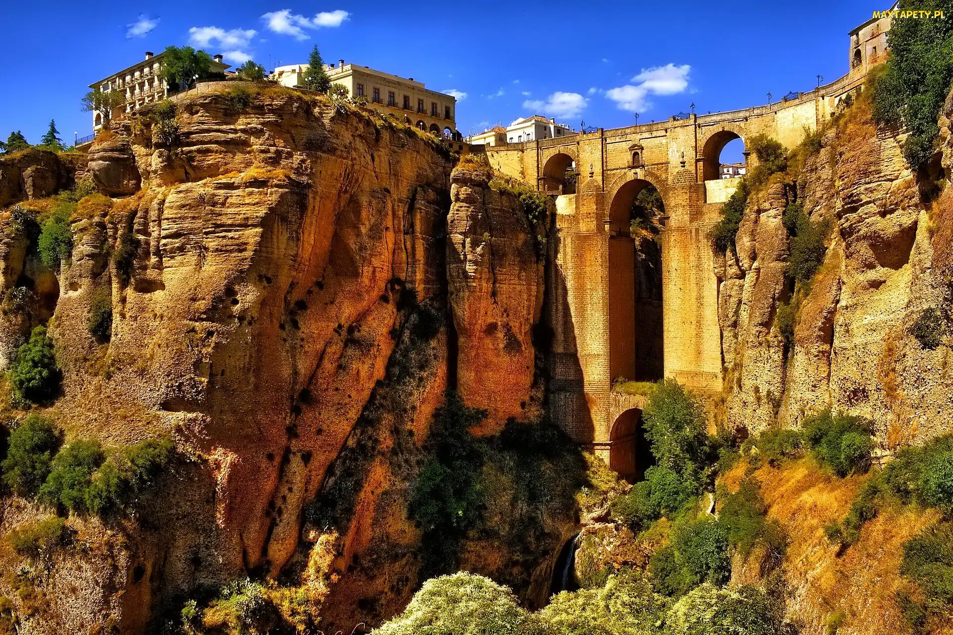 Andaluzja, Miasto Ronda, Skały, Hiszpania, Domy, Wąwóz Tajo, Most Puente Nuevo