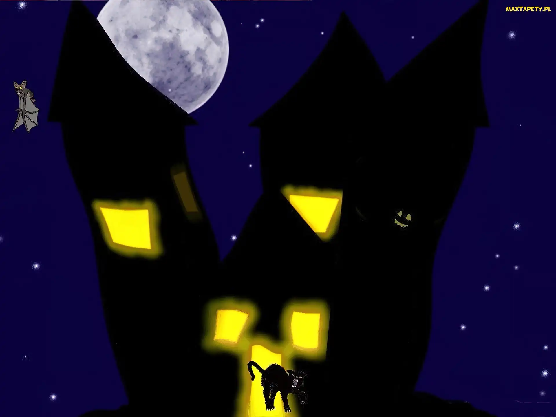 księżyc, domek , Halloween, kot