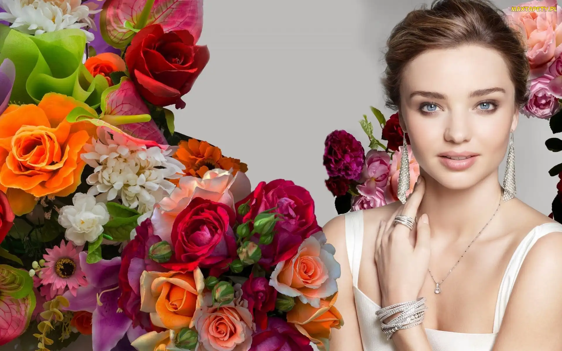 Miranda Kerr, Kwiatów, Biżuteria, Kobieta, Makijaż, Bukiet