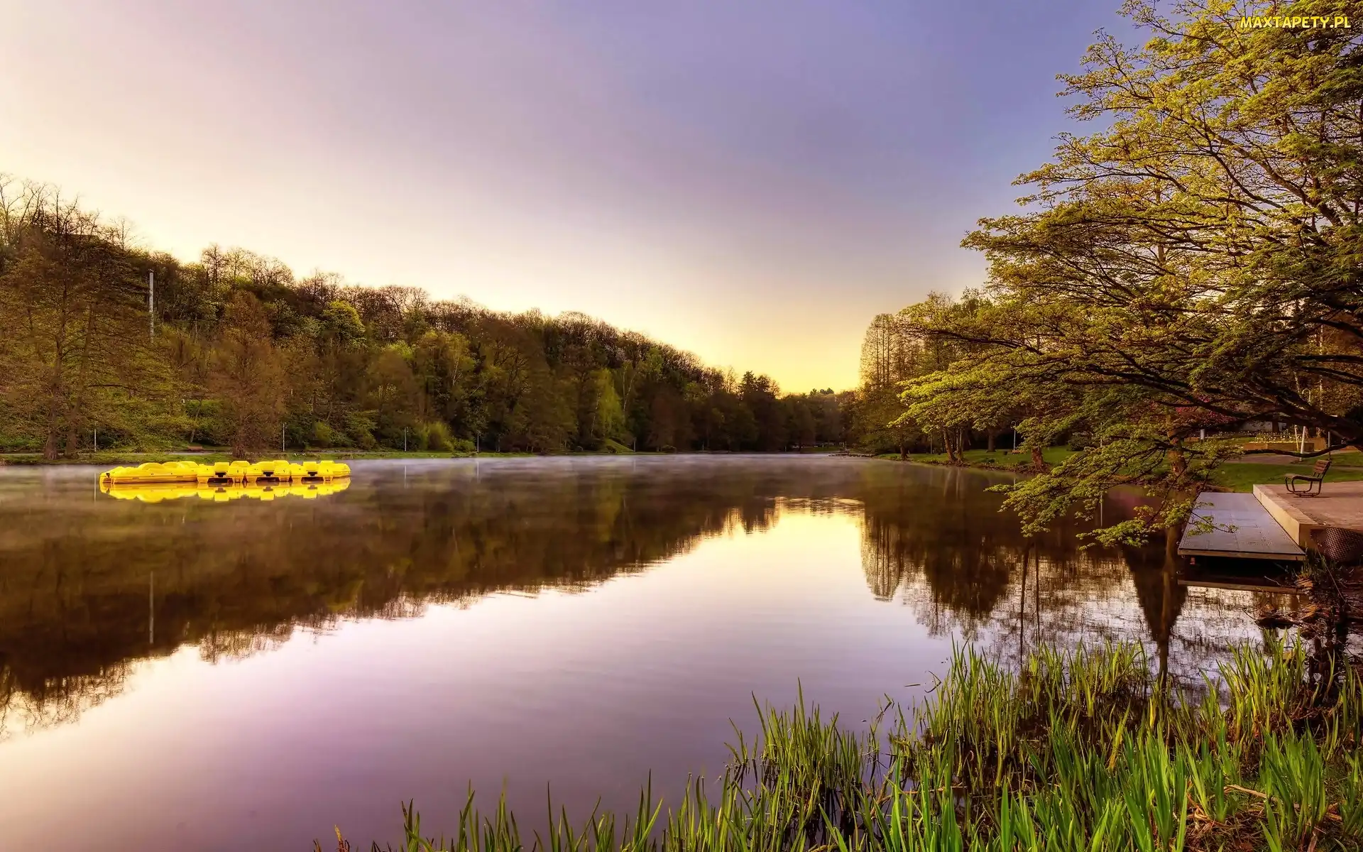 Słońca, Wschód, Jezioro, Park, Pomost, Ławeczka