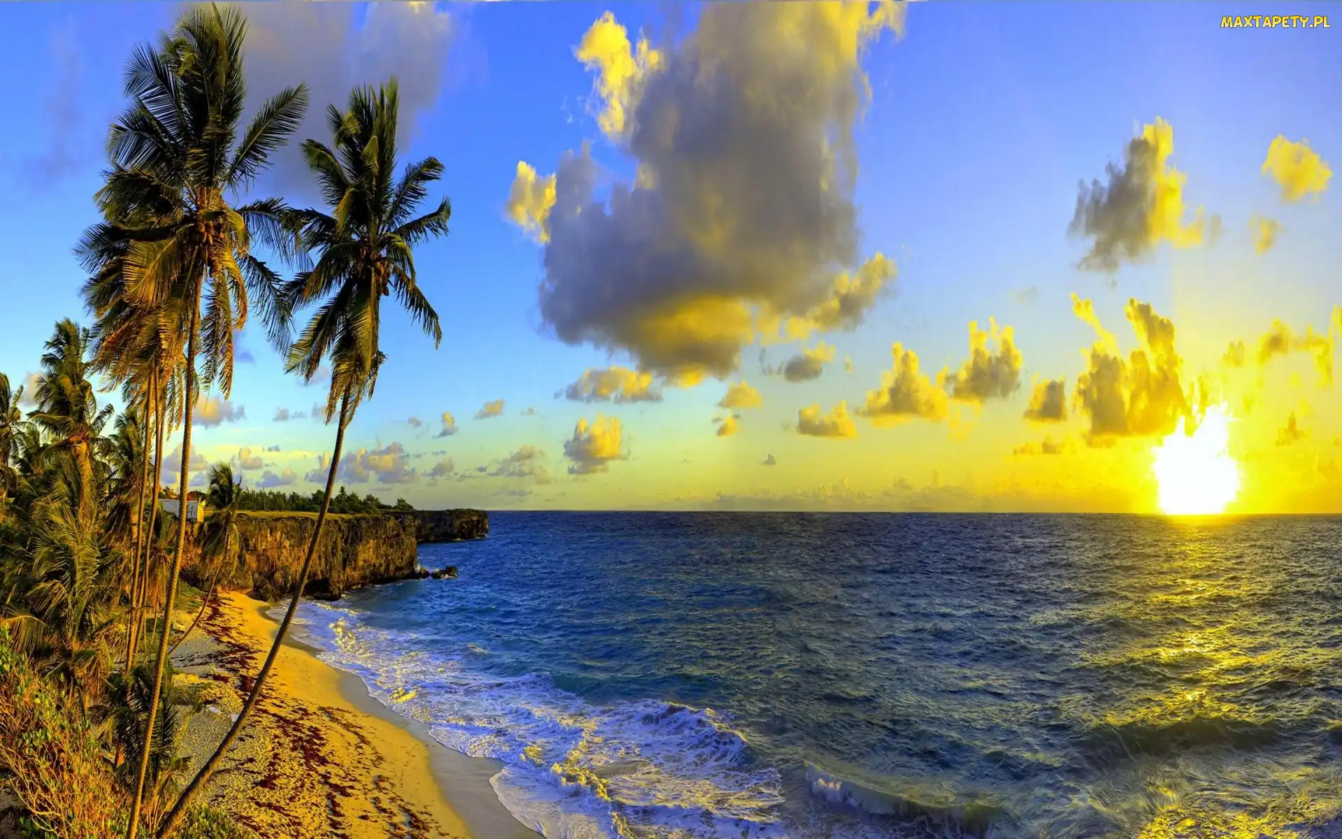 Chmury, Barbados, Zachód Słońca, Palmy, Morze