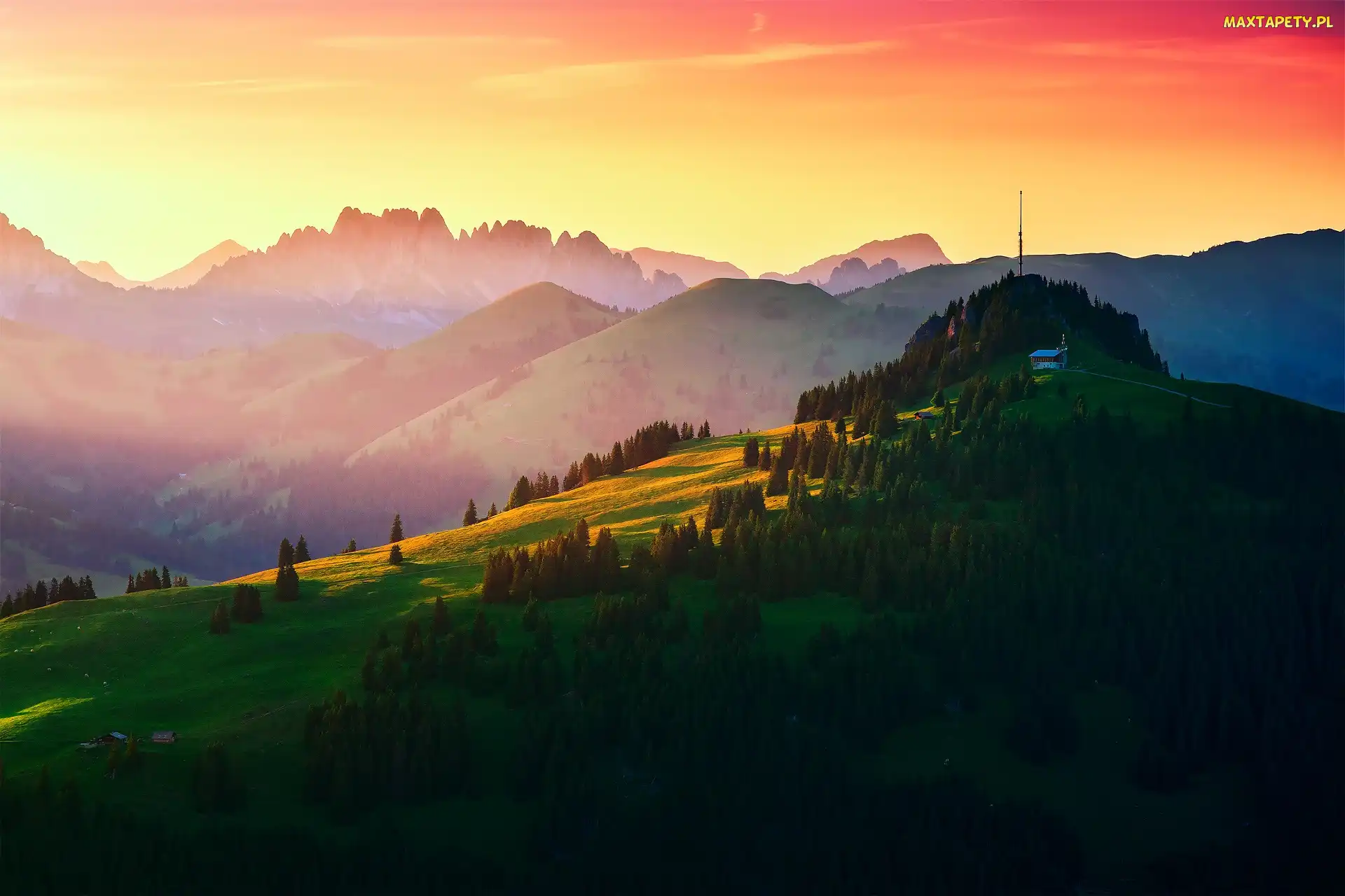 Lasy, Góry, Szwajcaria, Wieża radiowa, Wzgórze, Gstaad, Łąki