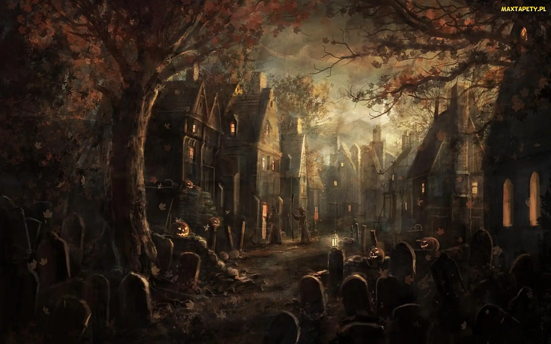 Drzewa, Halloween, Groby, Jesień, Domy