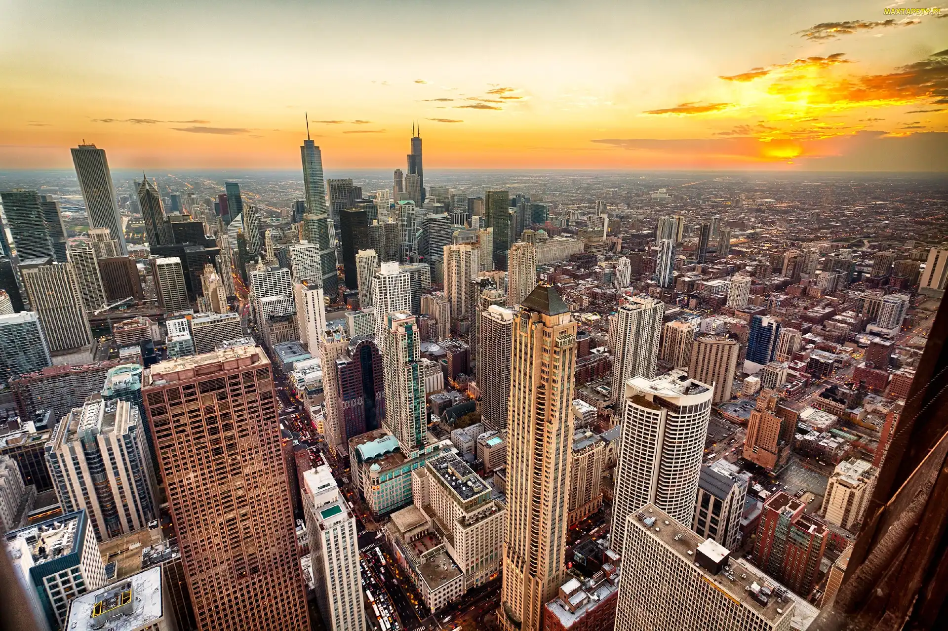 Chicago, Słońca, Miasta, Zachód, Panorama