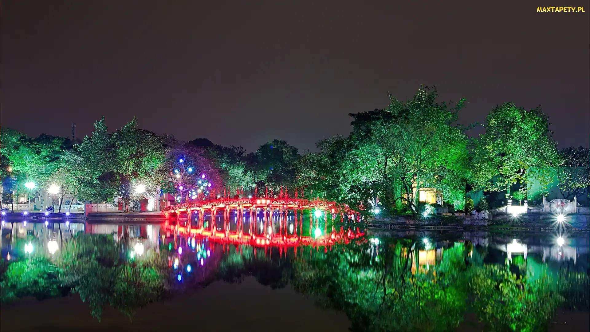 Noc, Drzewa, Hanoi, Wietnam, Rzeka, Mostek