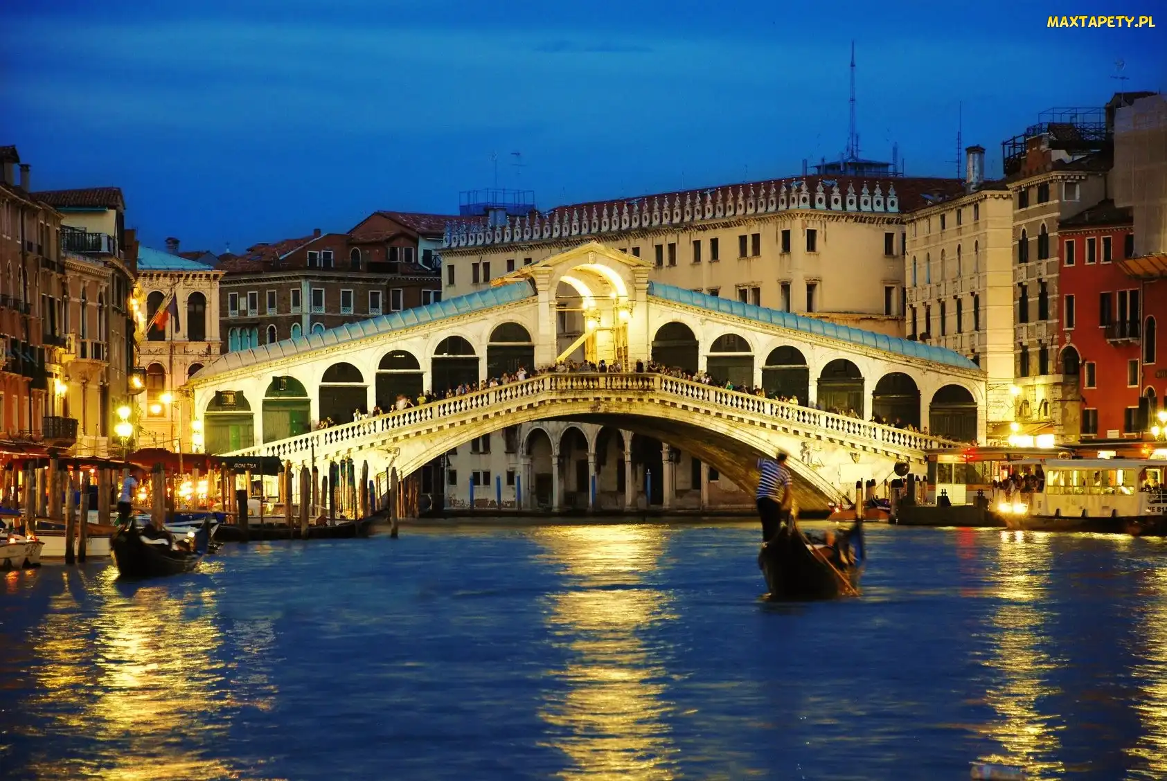 Gondole, Domy, Wenecja, Włochy, Kanał Canal Grande, Most Rialto