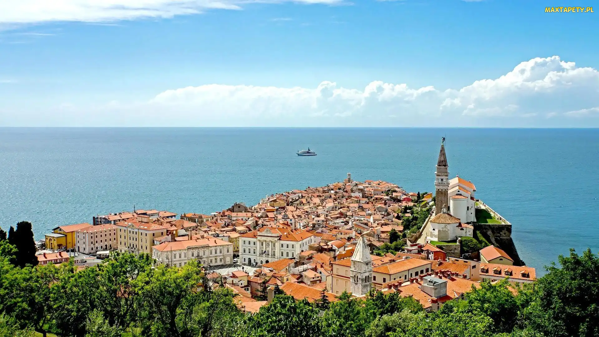 Miasta, Panorama, Morze, Statek