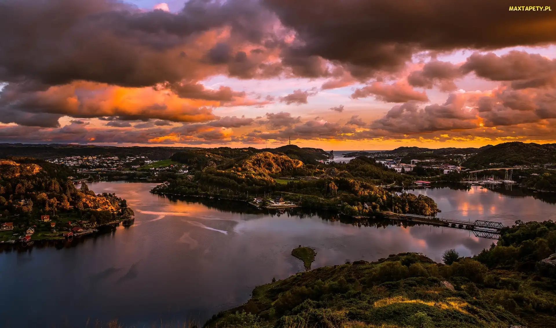 Norwegia, Egersund, Most, Rzeka, Wzgórza, Zachód Słońca