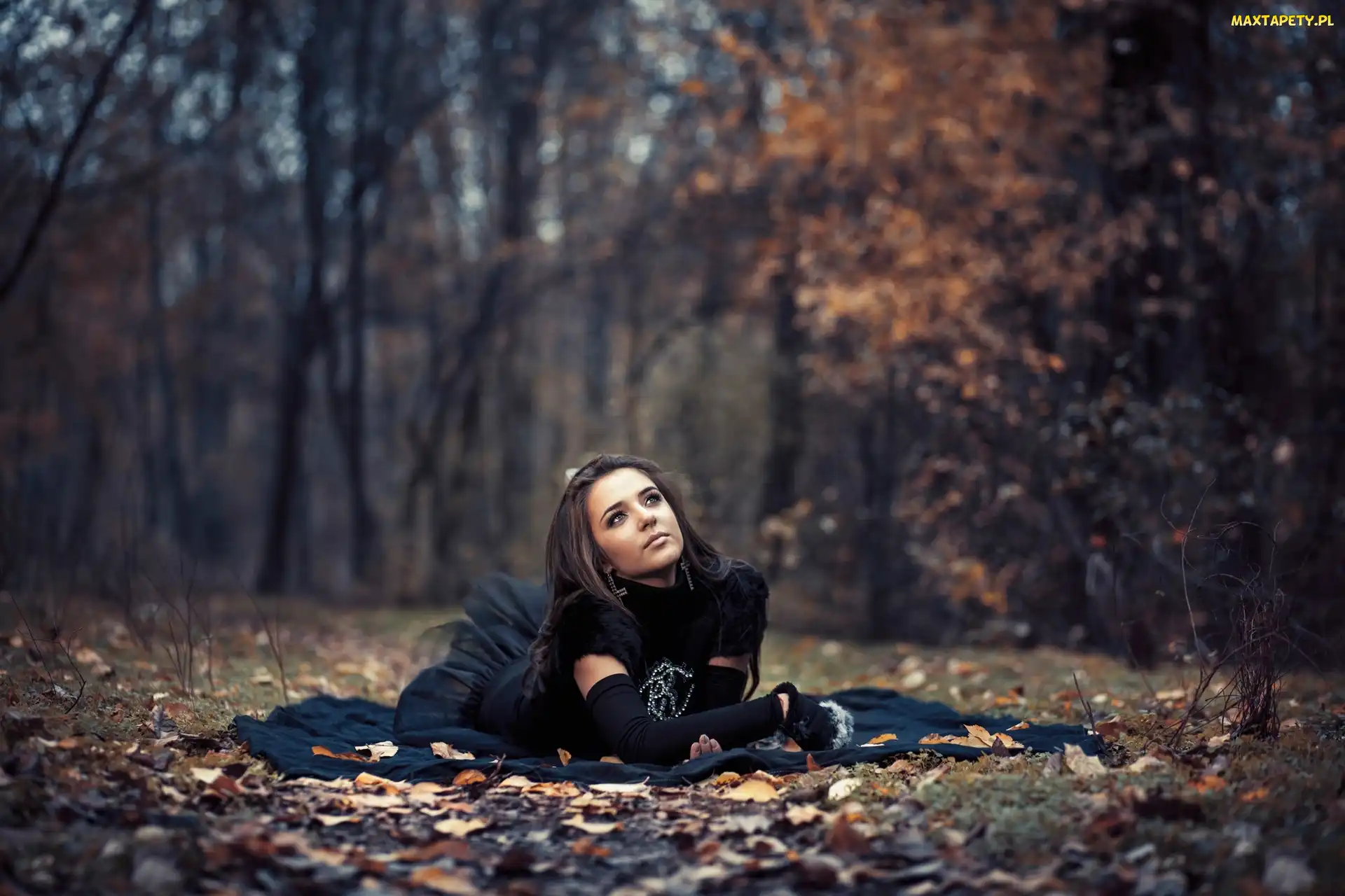 Liście, Park, Brunetka, Modelka