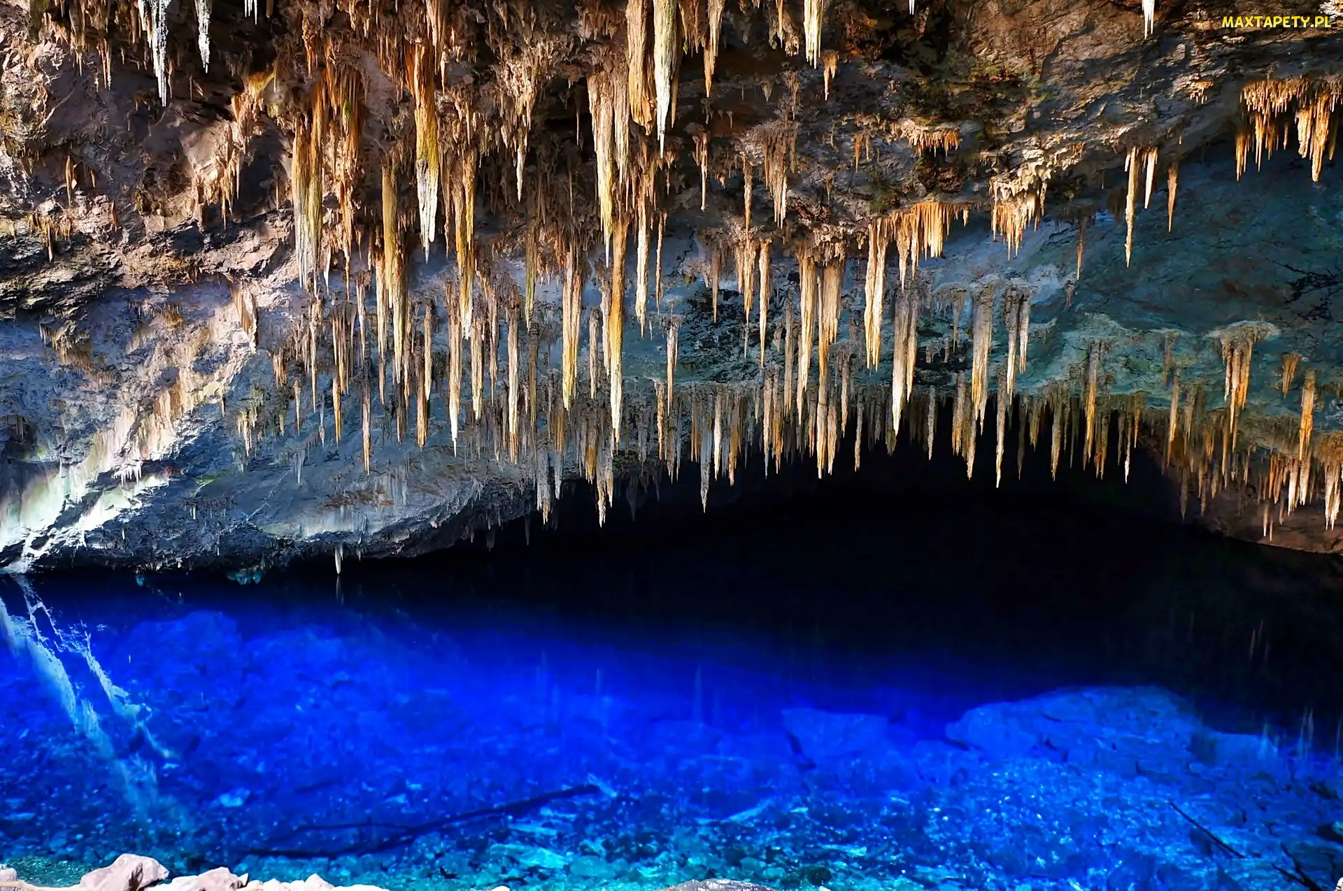 Jezioro, Cave, Jaskinia, Stalaktyty, Lake, Bonito, Blue