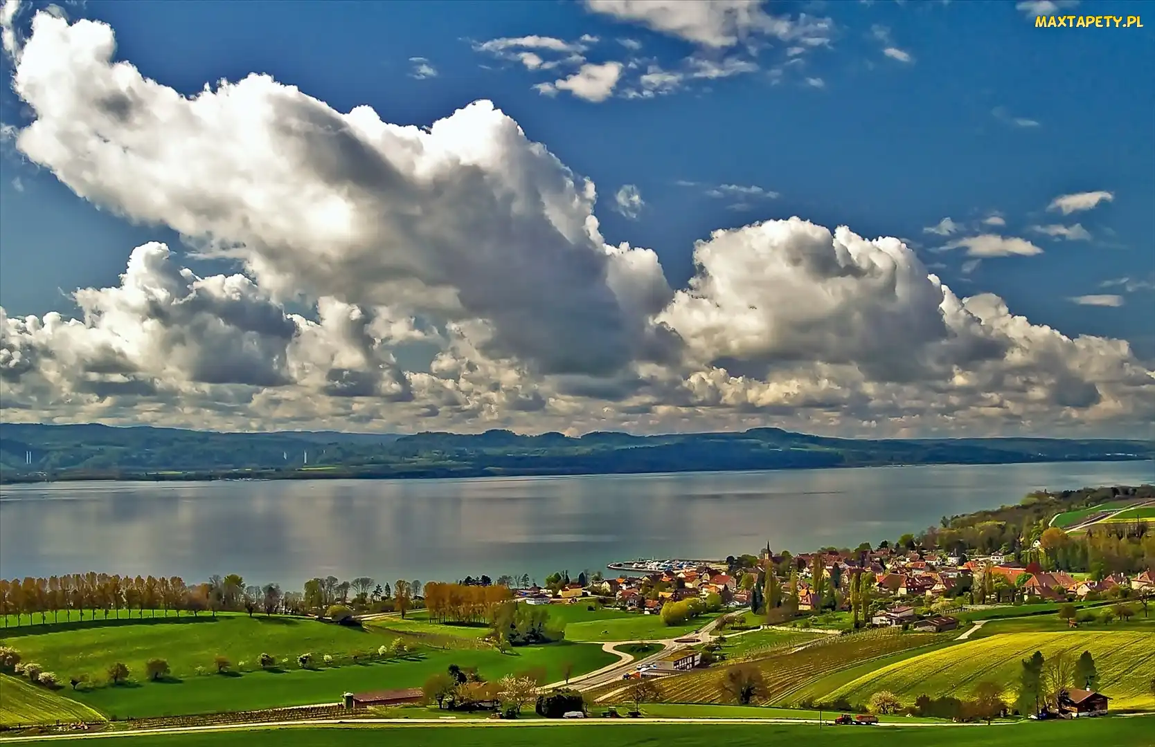 Miasteczka, Łąki, Jezioro, Neuchatel, Panorama