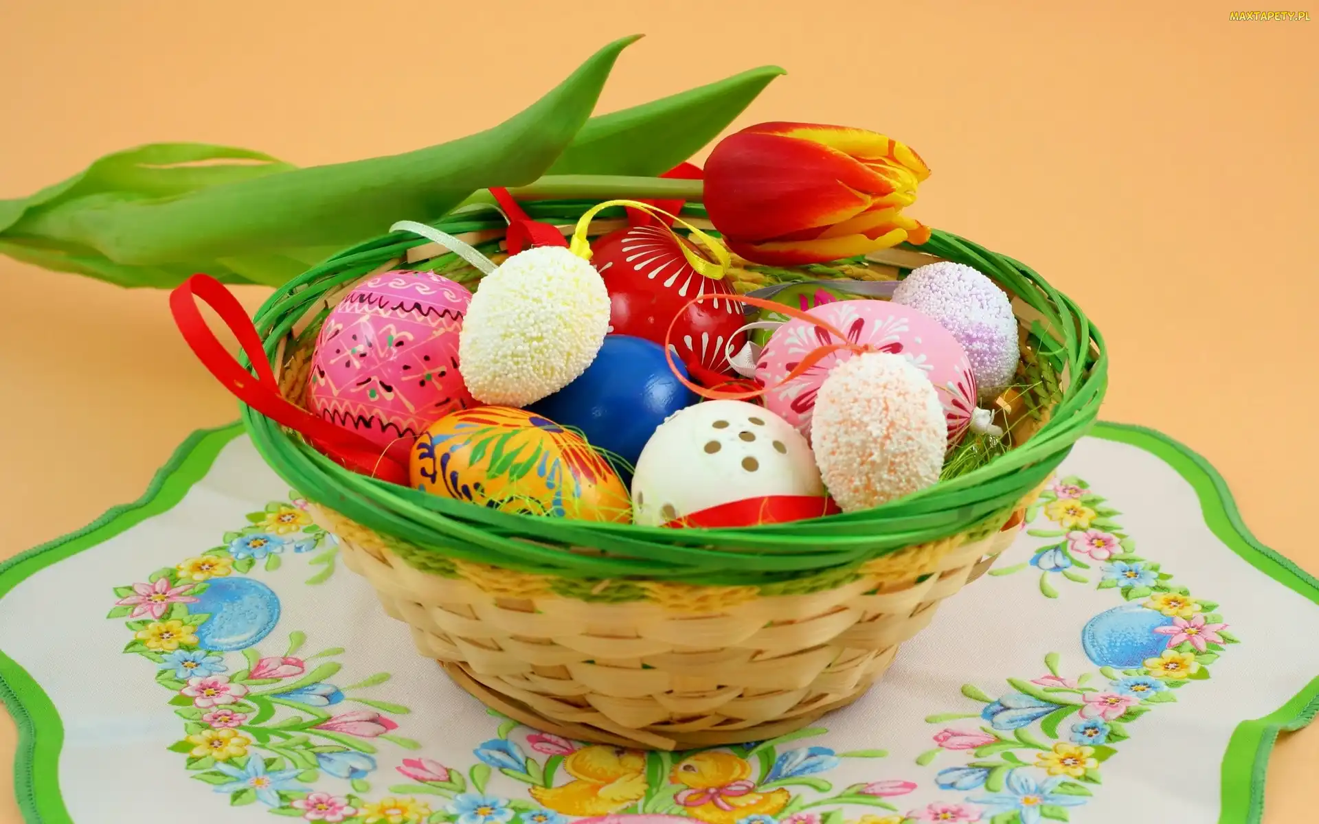 Wielkanoc, Serweta, Pisanki, Kolorowe, Tulipan, Koszyk
