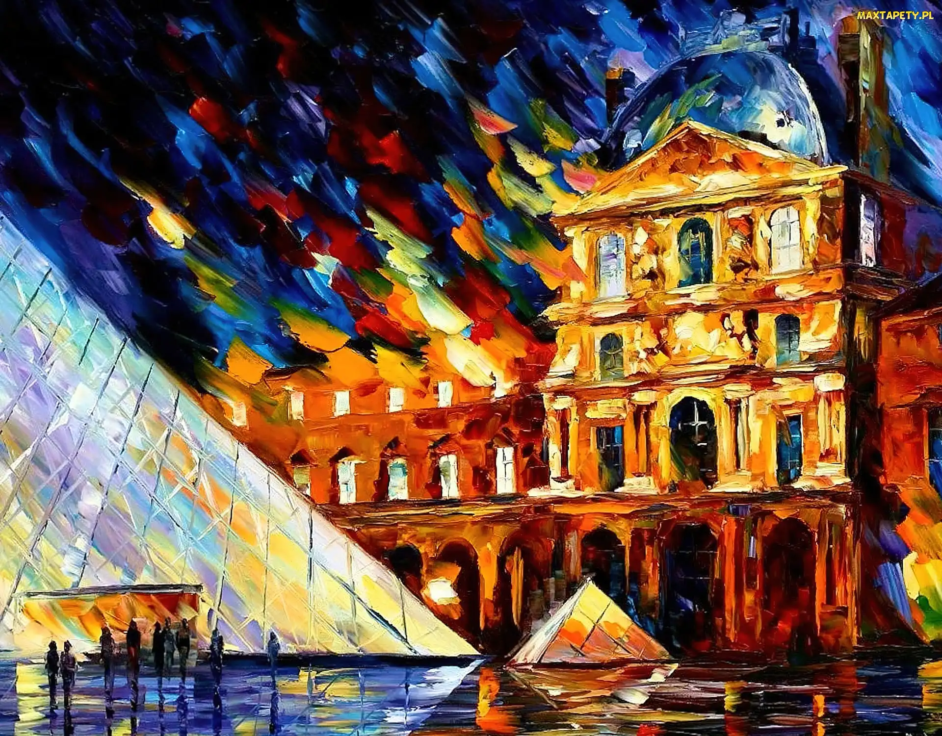 Pałac, Malarstwo, Leonid Afremov, Paryż, Piramida, Muzeum Luwr, Francja, Obraz
