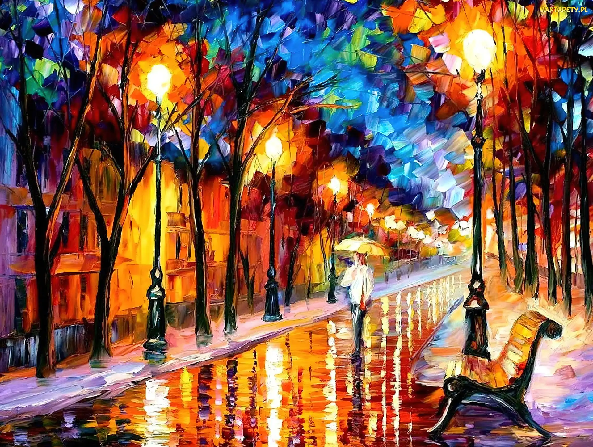 Ławka, Deszcz, Ulica, Alejka, Lampy, Leonid Afremov, Domy