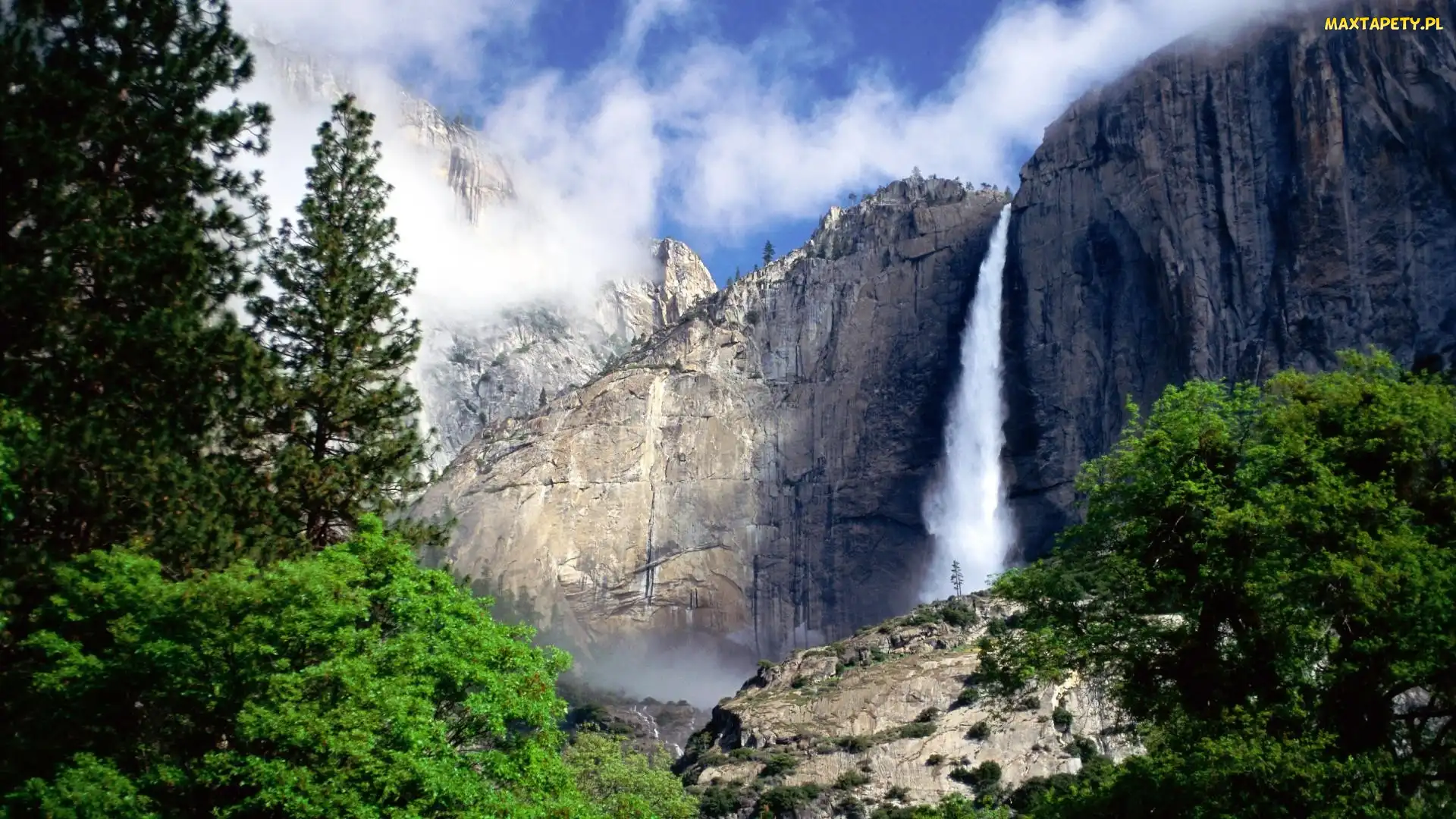 Góry, Drzewa, Stan Kalifornia, Stany Zjednoczone, Park Narodowy Yosemite, Wodospad
