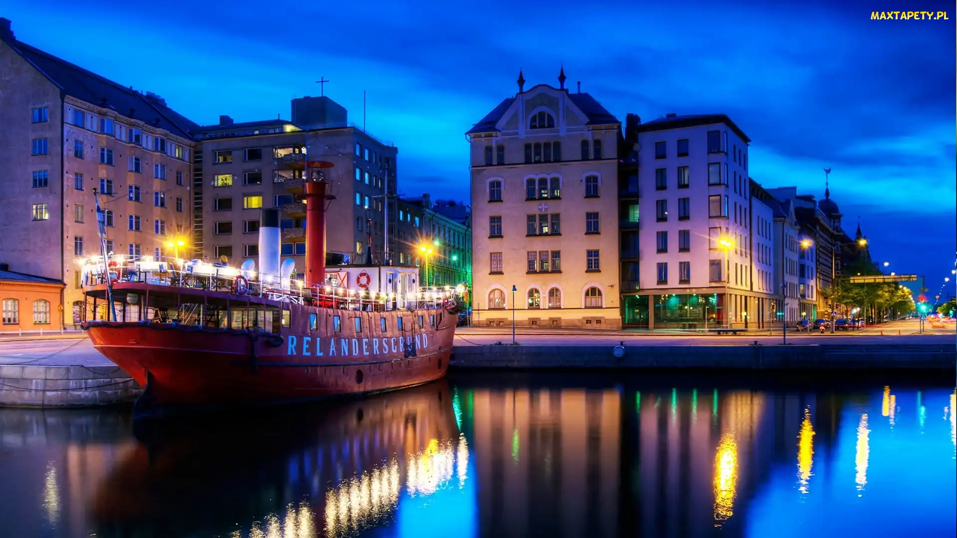 Statek, Wycieczkowy, Nocą, Helsinki, Domy, Nabrzeże