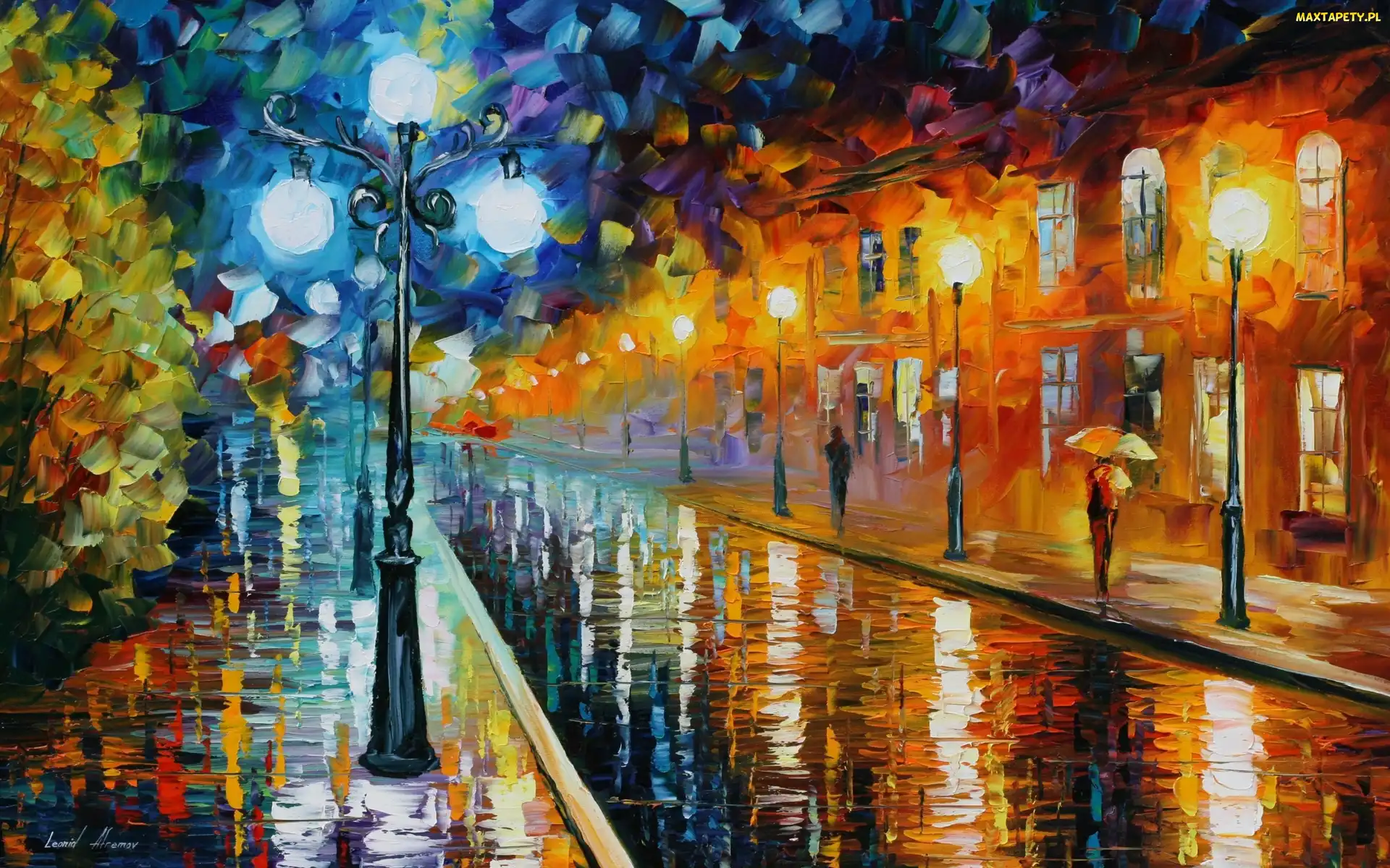 Ulica, Olej, Leonid Afremov, Obraz, Latarnie