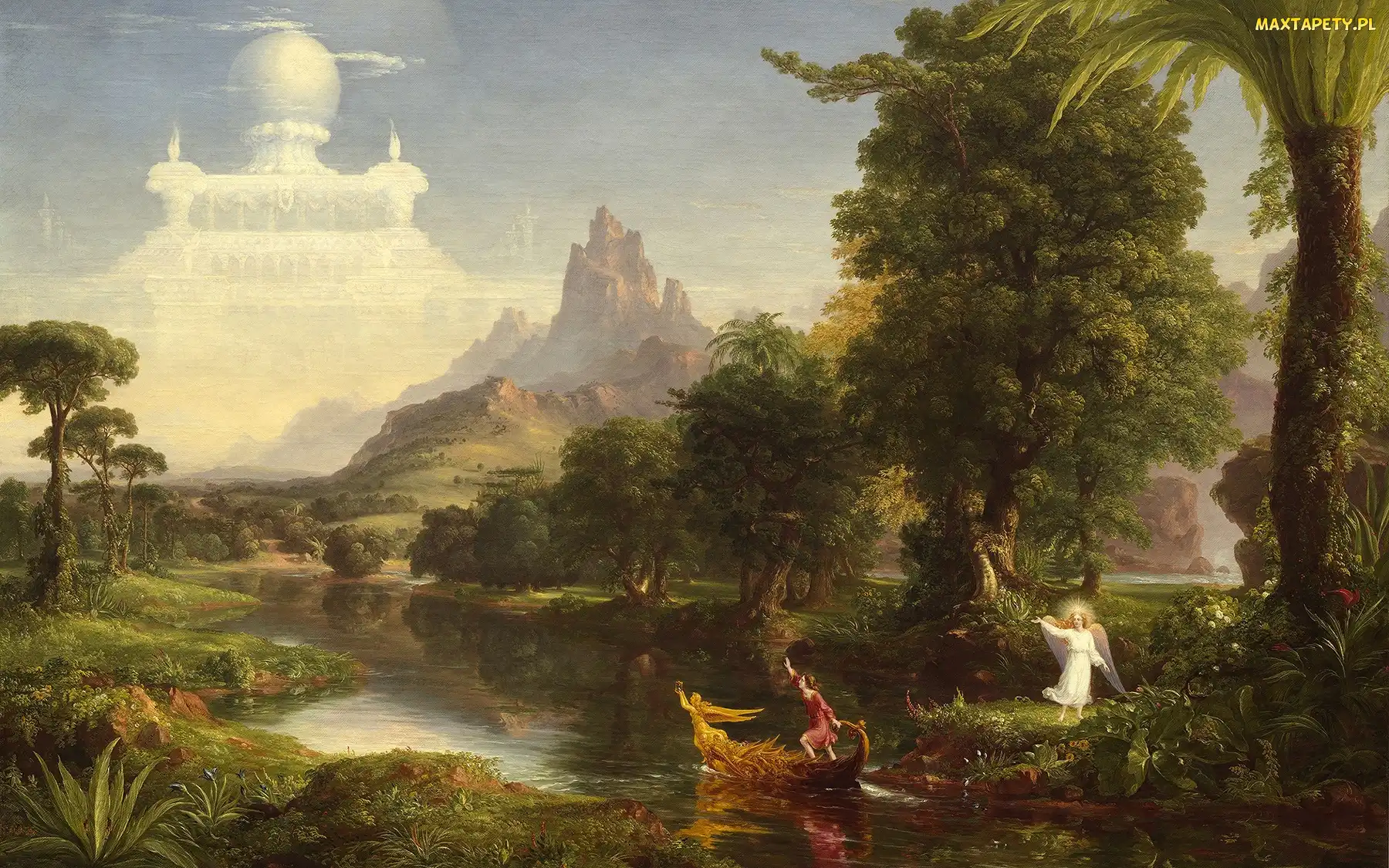 Thomas Cole, Rzeka, Malarstwo, Podróż życia młodość, Łódka, Obraz, Anioł, Zamek