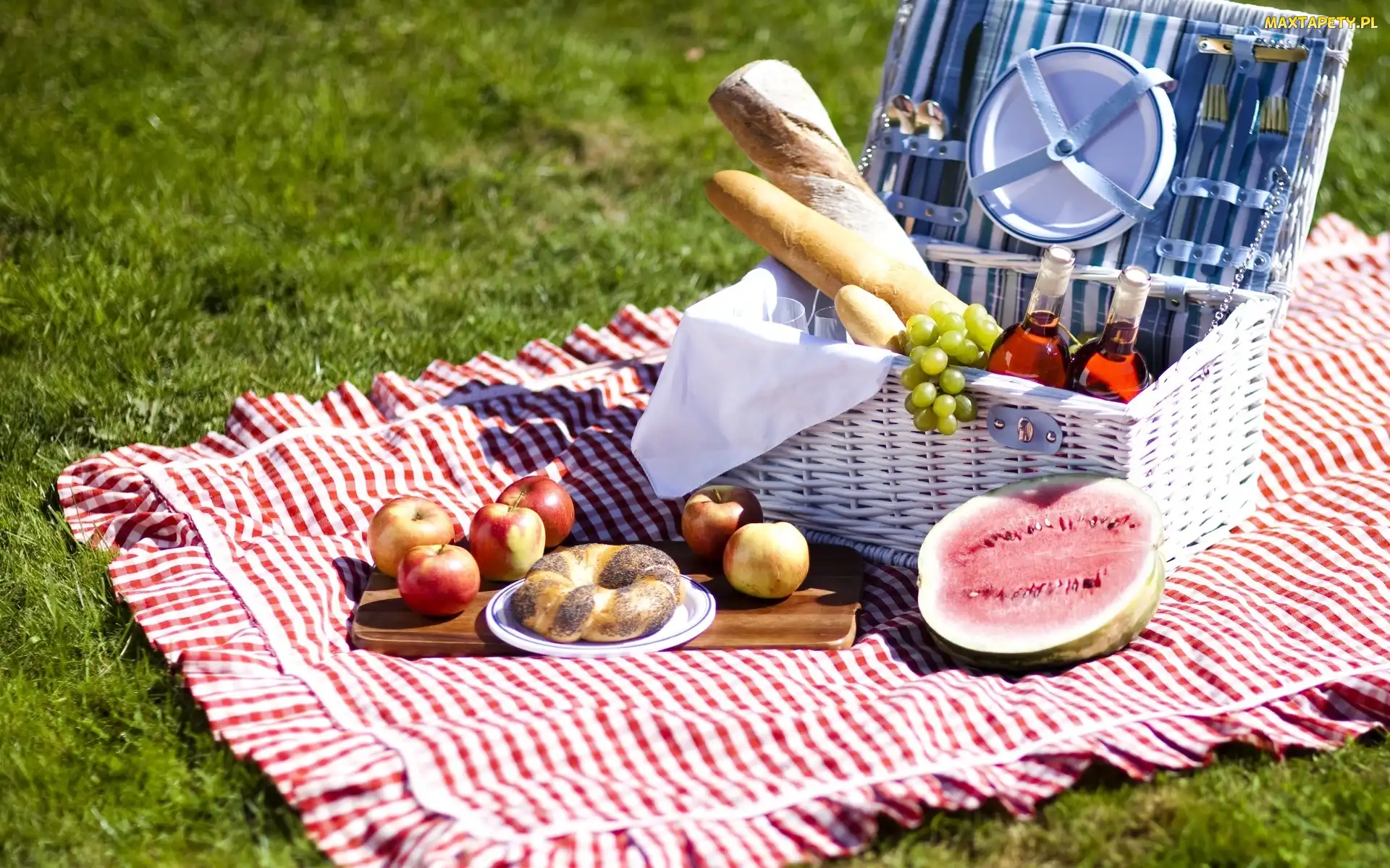 Piknik, Łąka, Pieczywo, Owoce, Alkohol, Kosz
