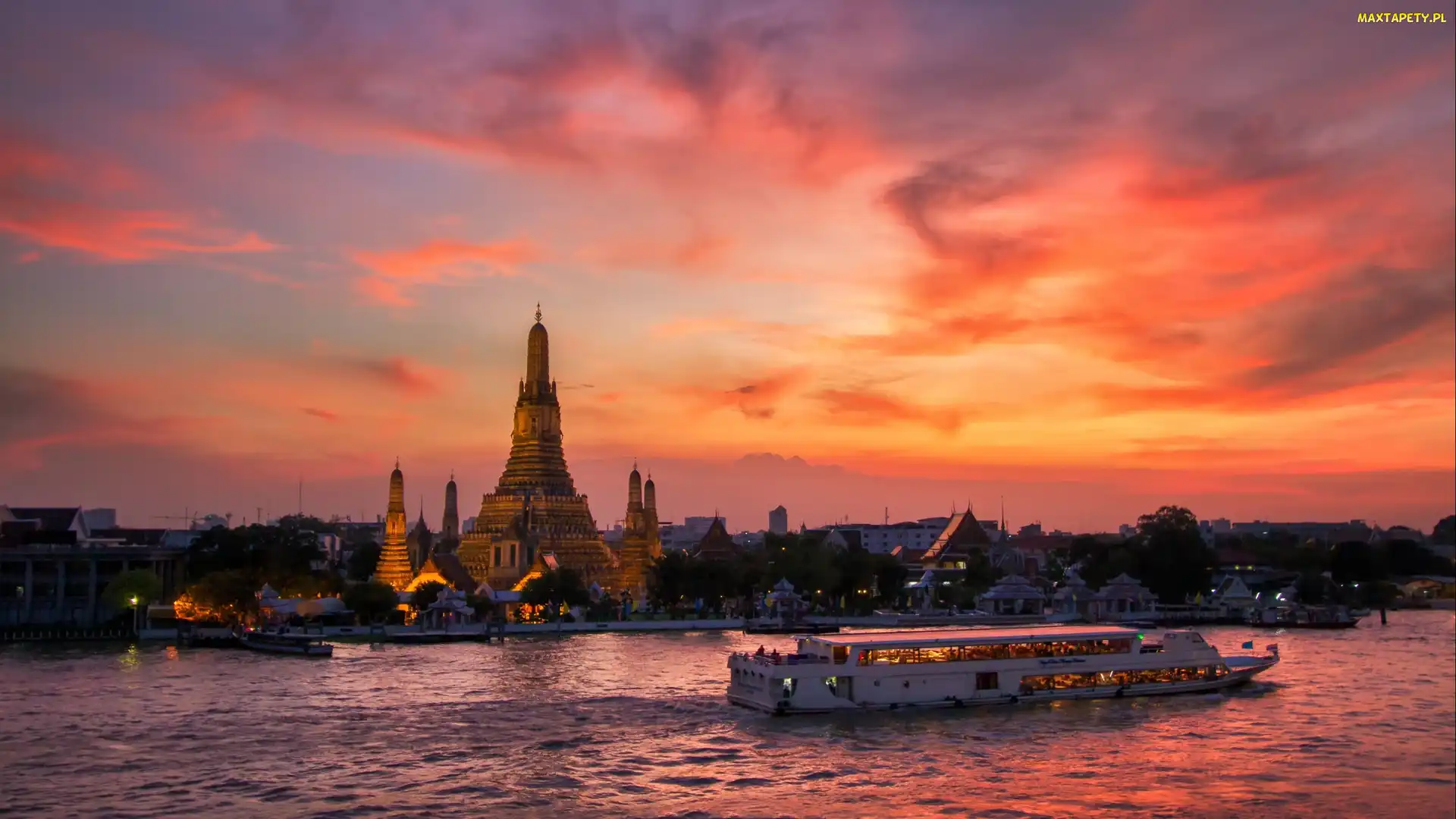 Bankok, Słońca, Wat Arun, Tajlandia, Zachód, Świątynia, Statek