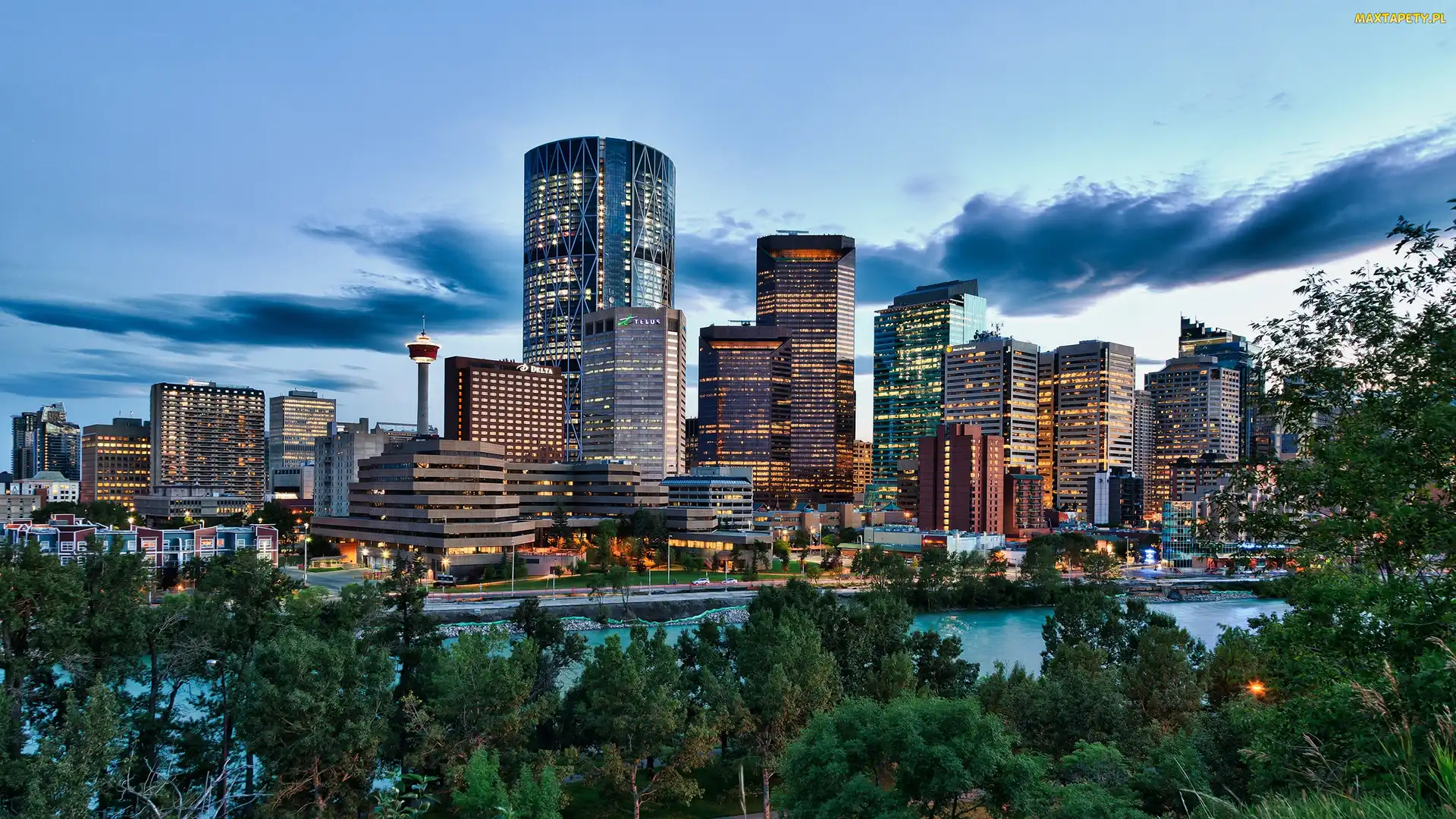 Chmury, Bow, Panorama, Drzewa, Rzeka, Calgary, Miasta